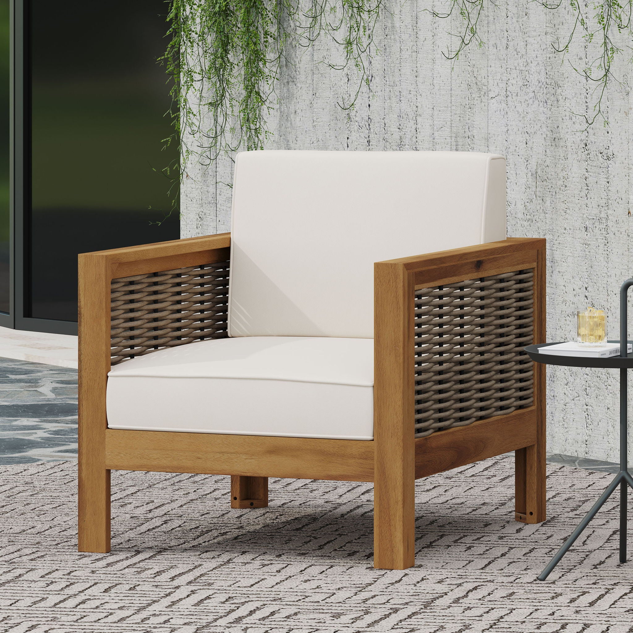 Outdoor Acacia Wood Club Chair With Wicker Accents