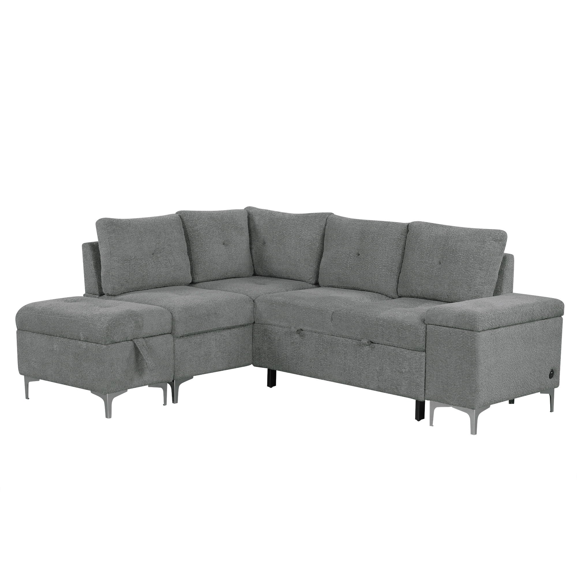 Versatile L Shaped Sofa Bed With Storage, Cup Holders, USB Ports Chenille