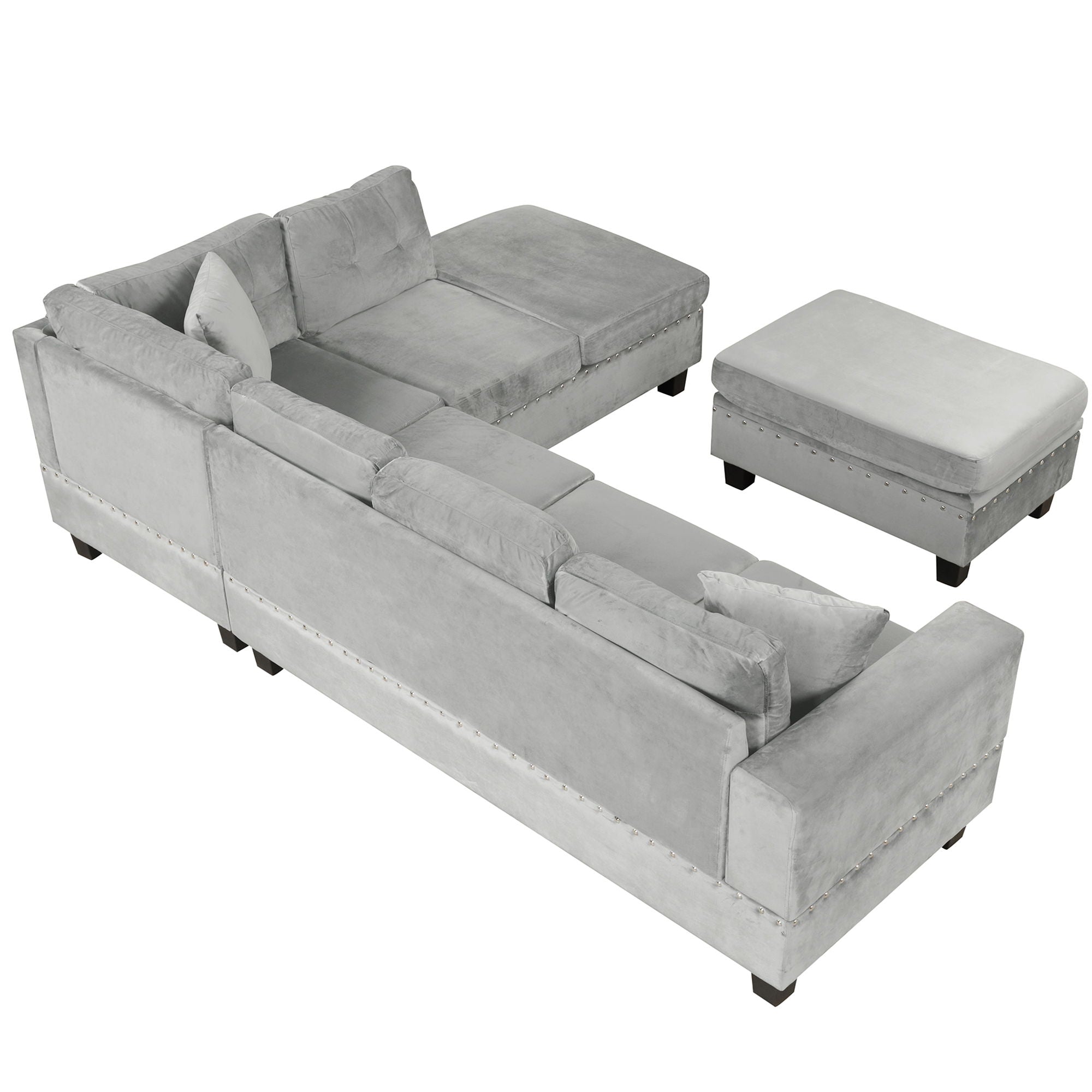 Modern Sectional Sofa With Storage Ottoman, L - Shape Couch With 2 Pillows And Cup Holders