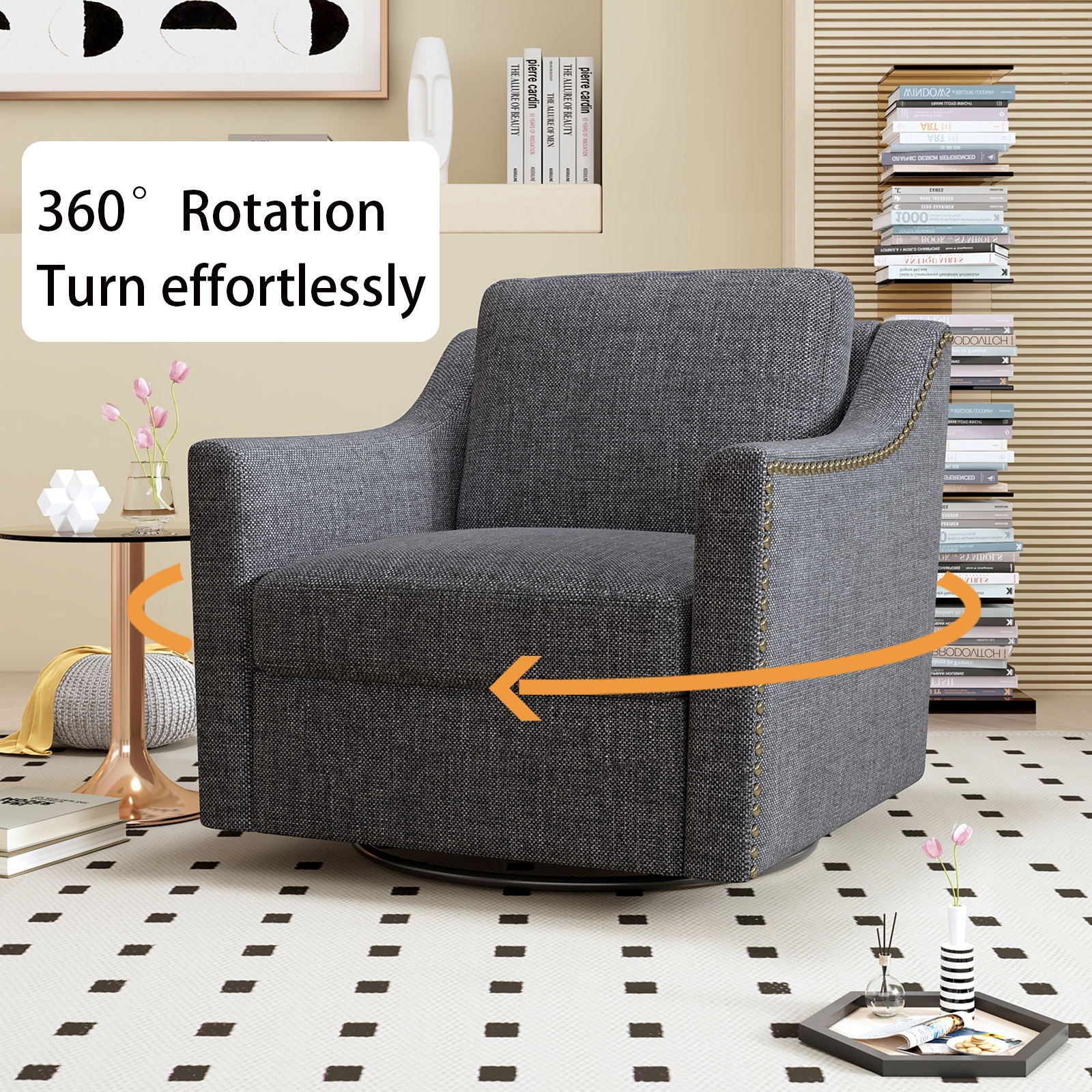 360 Degree Swivel Armchair, Skin Friendly Fabric, Ergonomic Design, Brass Nail Decorative Armchair