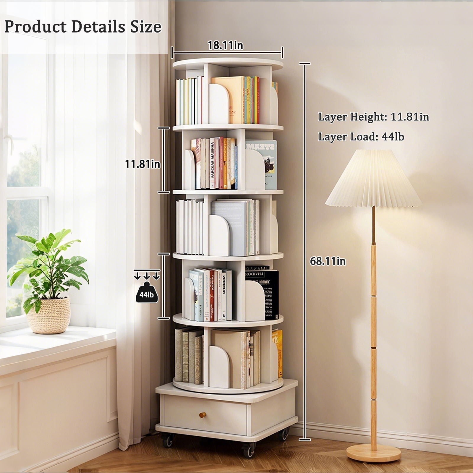 Rotating Bookshelf With Wheels And Drawer, 360° Spinning Design, Space Saving Storage