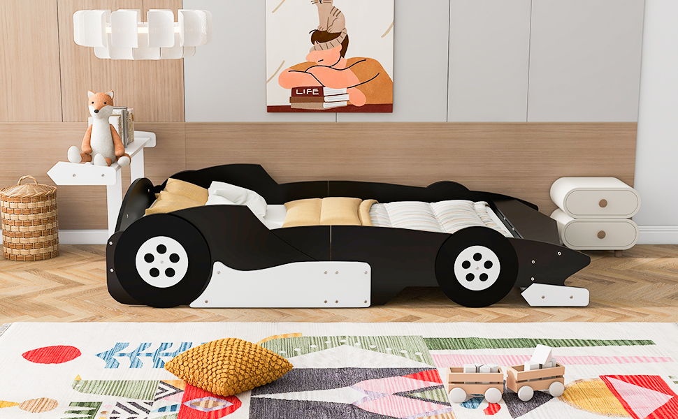 Race Car-Shaped Platform Bed With Wheels