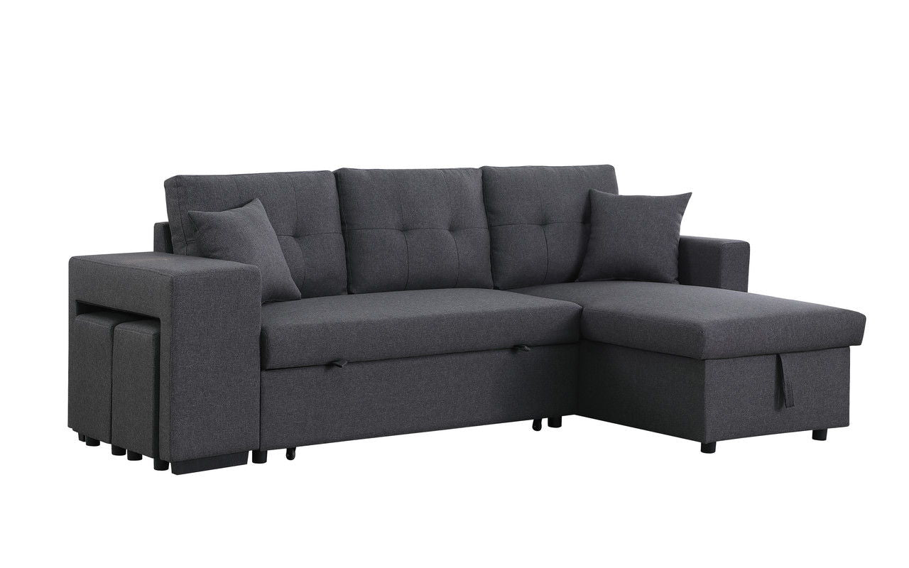 Dennis 93"W Dark Gray Linen Fabric Reversible Sleeper Sectional with Storage Chaise and 2 Stools