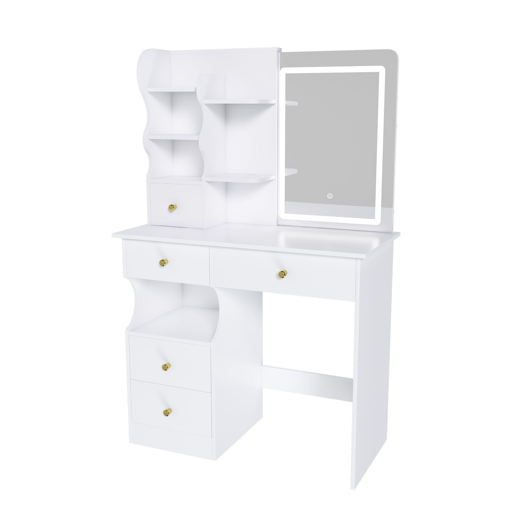 Dressing Table With Movable Mirror And LED Light, 5 Drawer Storage Organizer - White