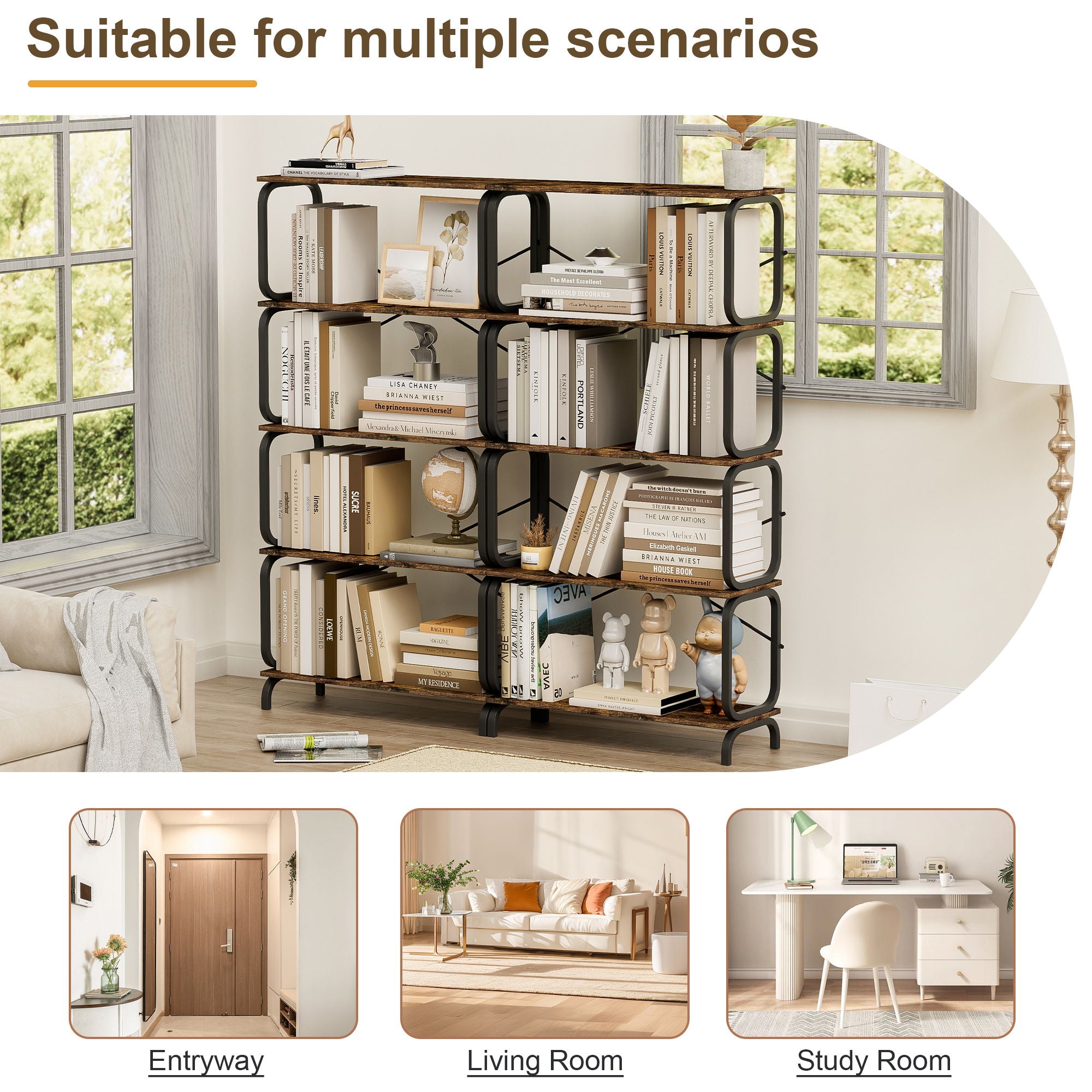 5 Tier Industrial Bookshelf, Tall Bookcase With Open Design, Vintage Storage Organizer