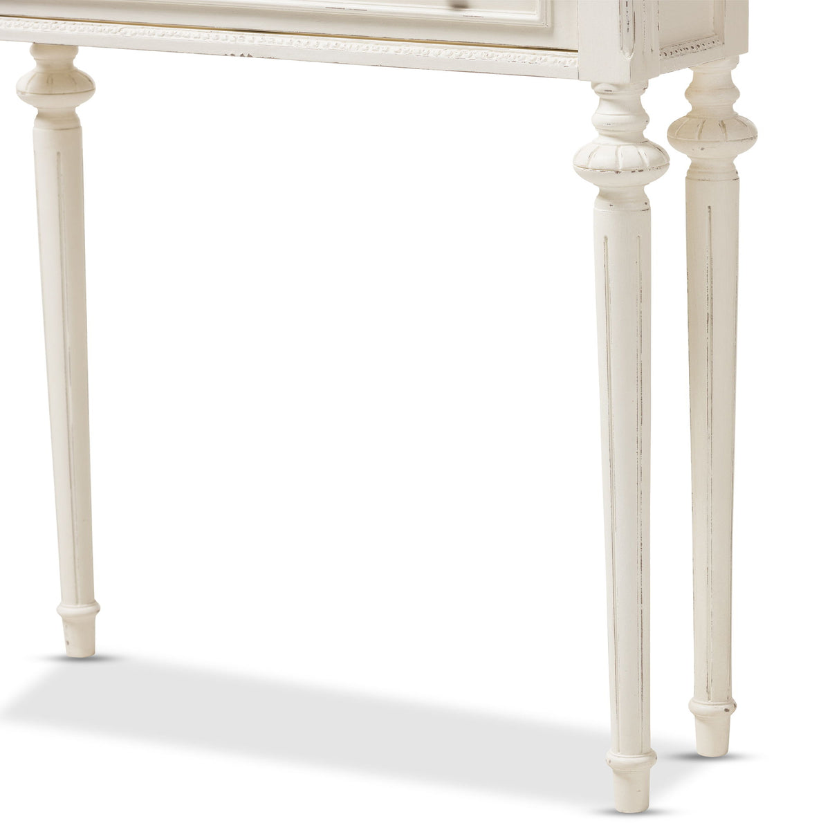 Marquetterie French Provincial Style Weathered Oak and White Wash Distressed Finish Wood Two-Tone Console Table