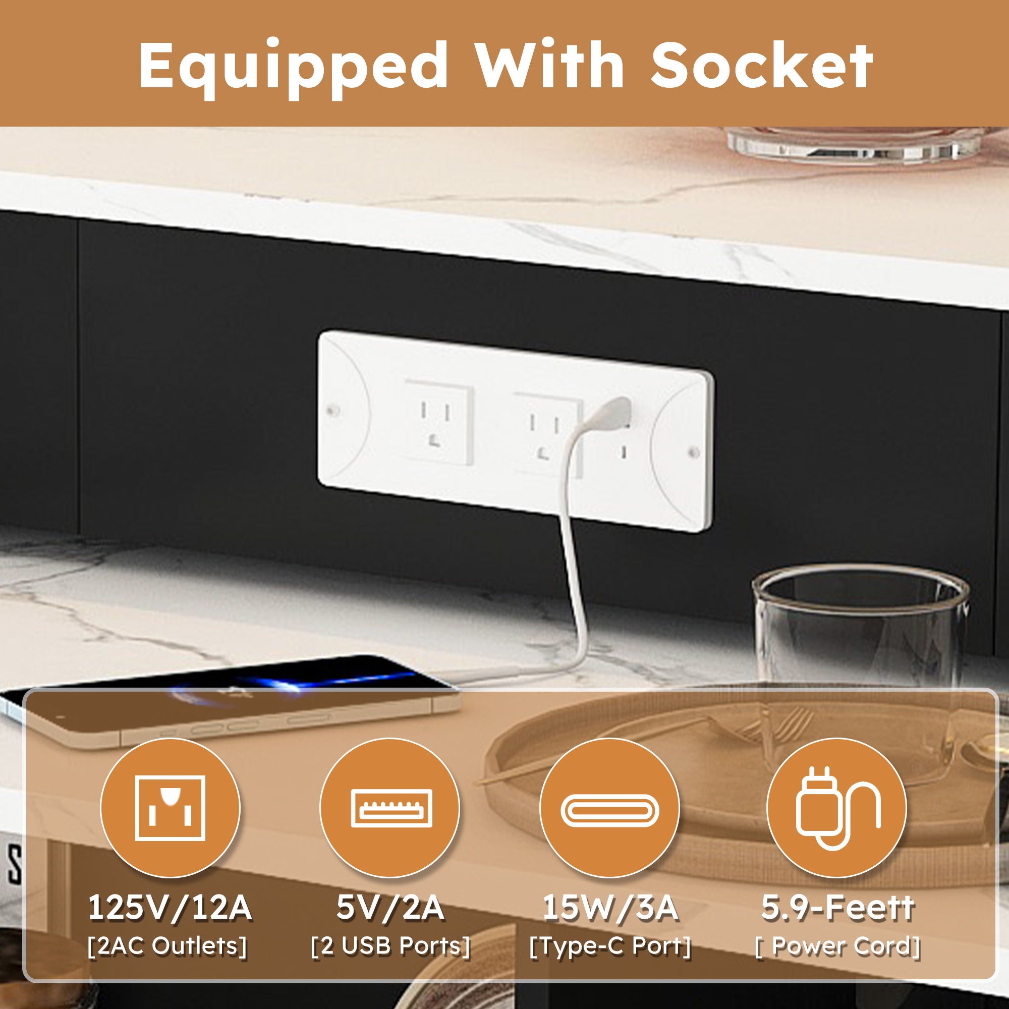 Kitchen Island With Extendable Rotating Table, 4 Drawers & Glass Door Cabinets, Built In Socket - Black