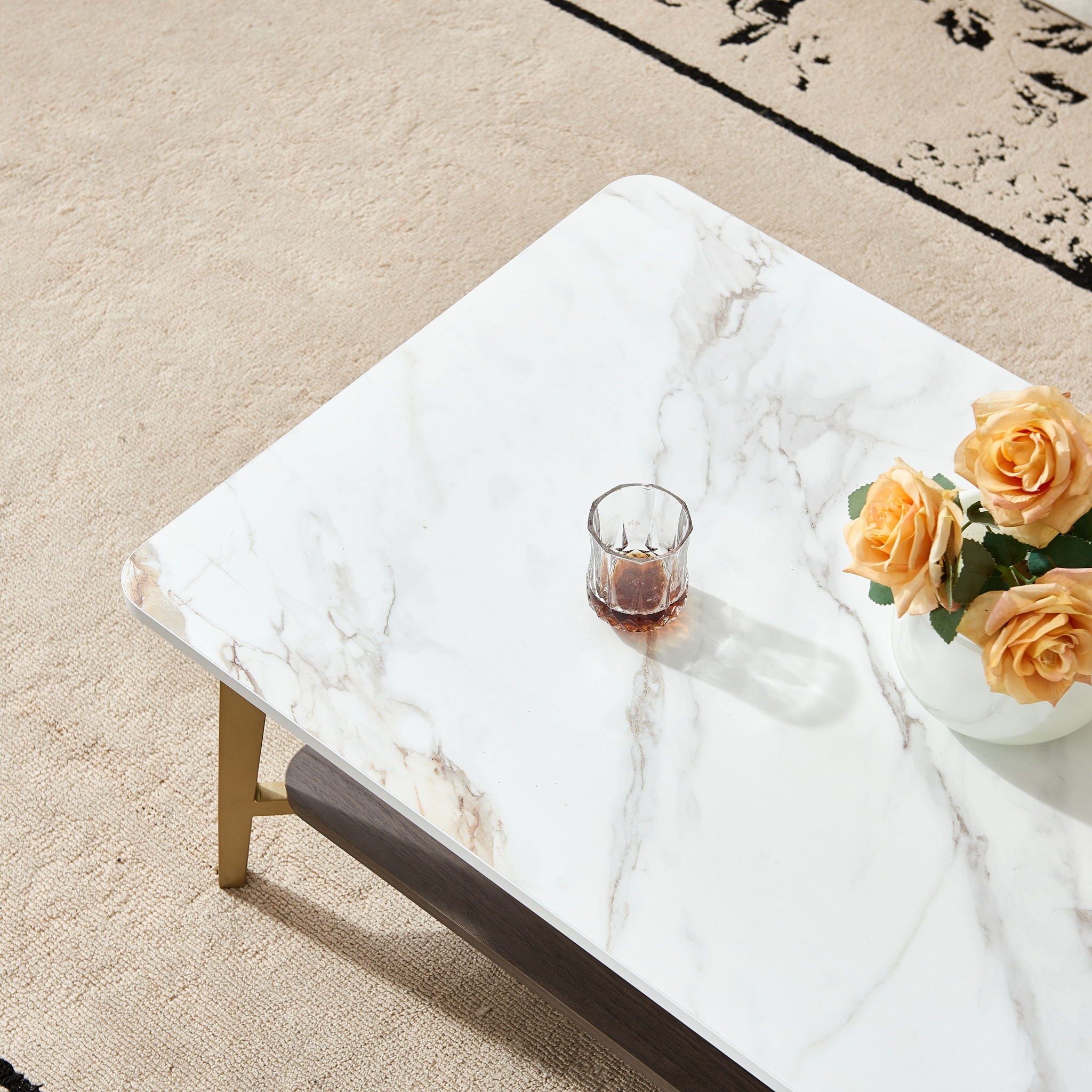 Coffee Table Rectangular Center Table For Living Room Open Space Side Table With Metal Frame - Golden / White