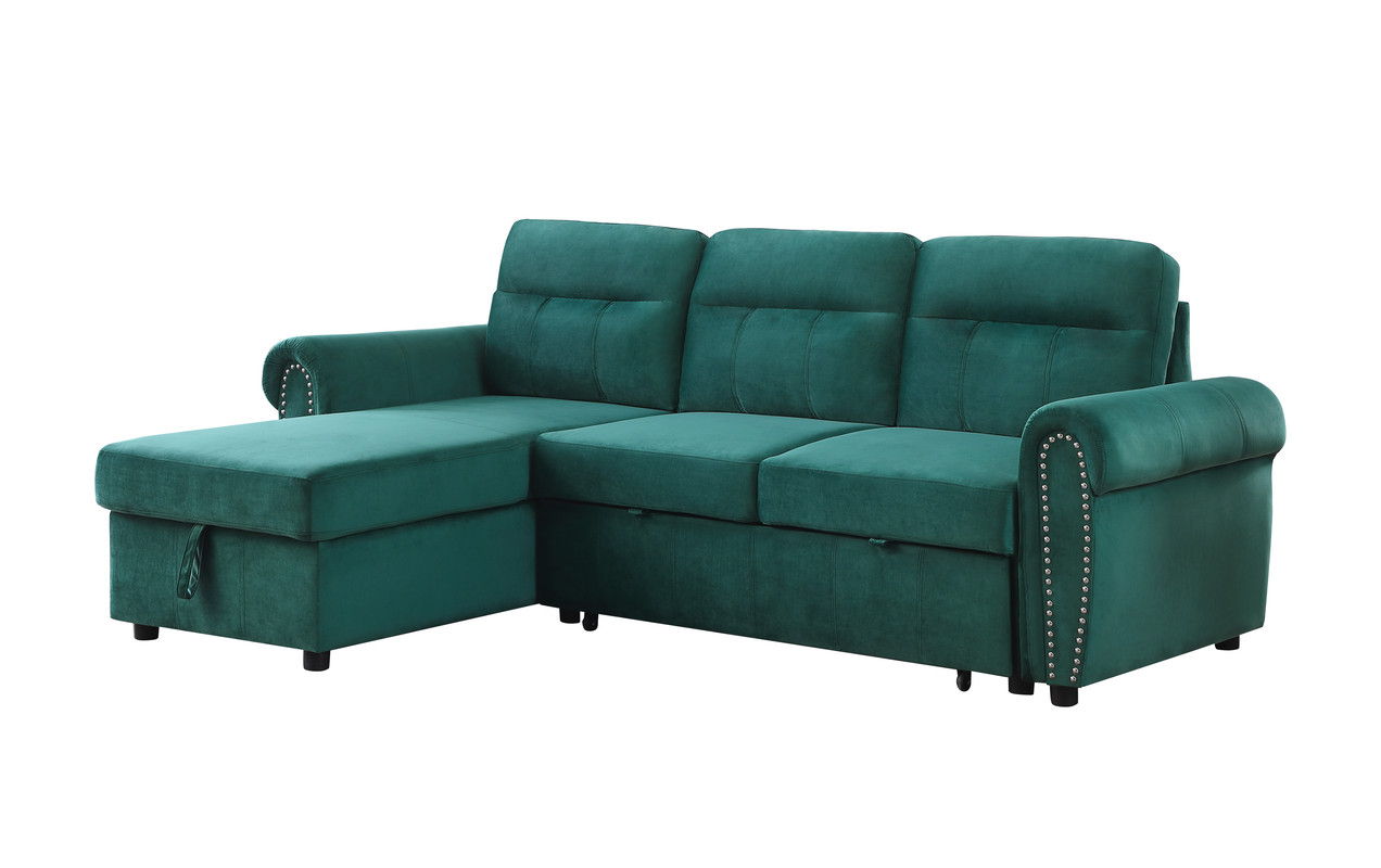Ashton 96.5"W Green Velvet Fabric Reversible Sleeper Sectional Sofa Chaise
