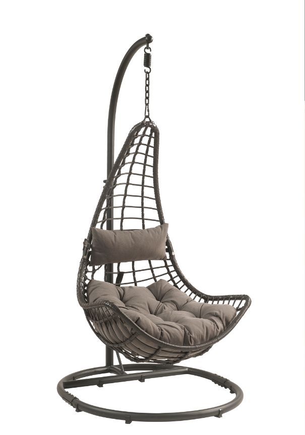 ACME Uzae - Patio Swing Chair - Gray Fabric & Charcaol Wicker | Meri Furniture