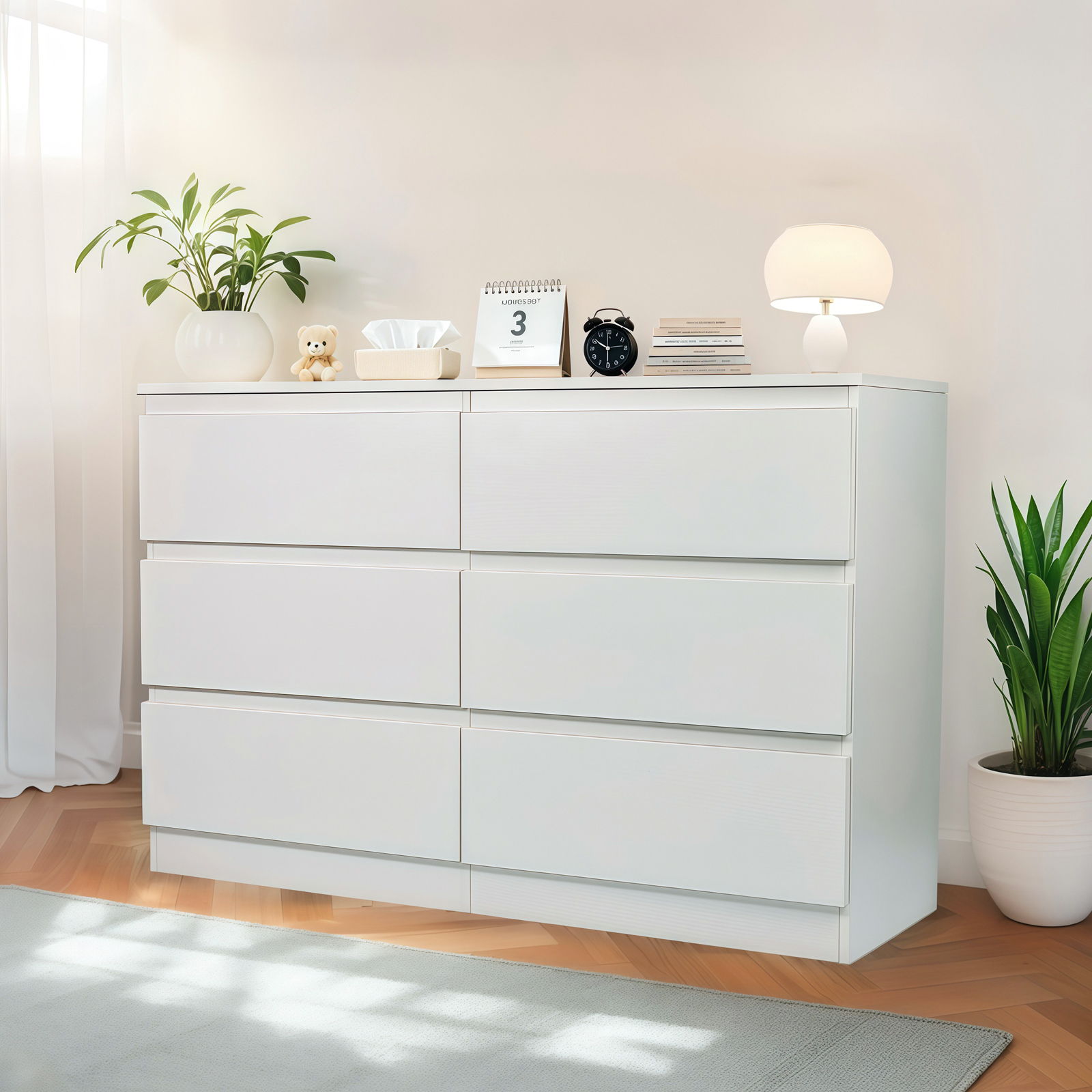 6 Drawer Dresser With Spacious Countertop And Concealed Handles