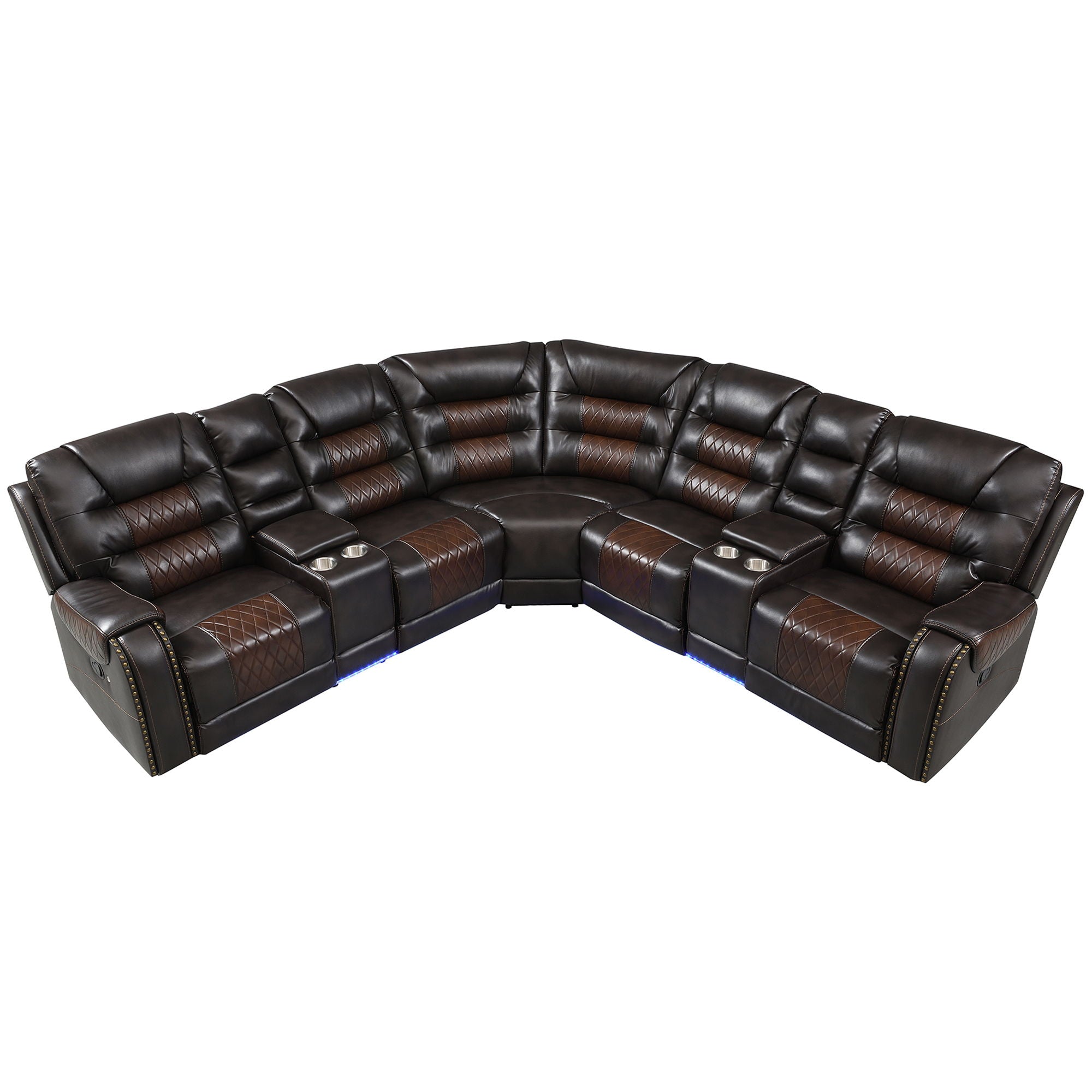 Manual Reclining Sectional Sofa Set, L Shaped Symmetrical Motion Sofa Corner Couch Sets With Storage Boxes, 4 Cup Holders And LED Light Strip For Living Room