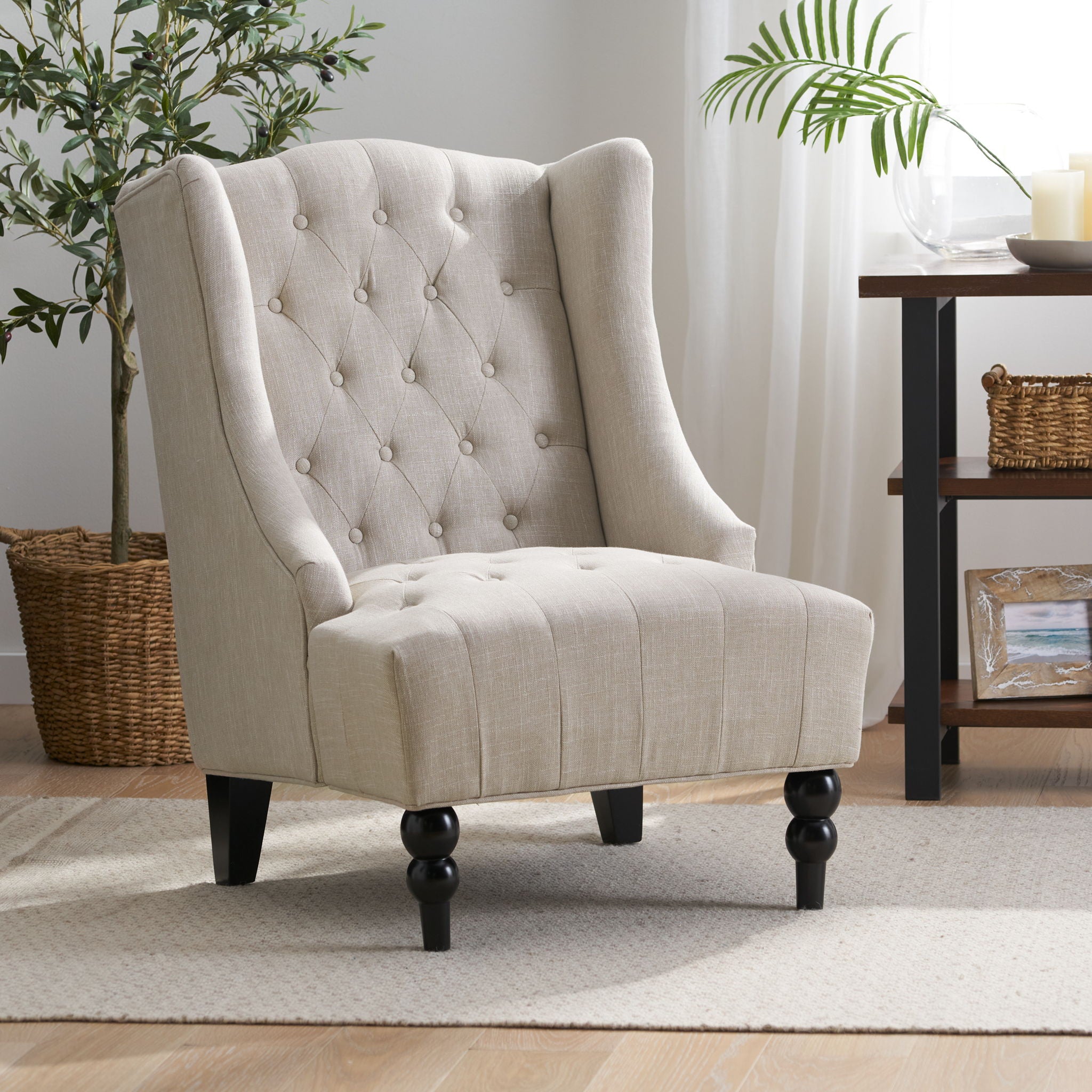 Contemporary Hi Back Club Chair With Wingback Design - Light Beige