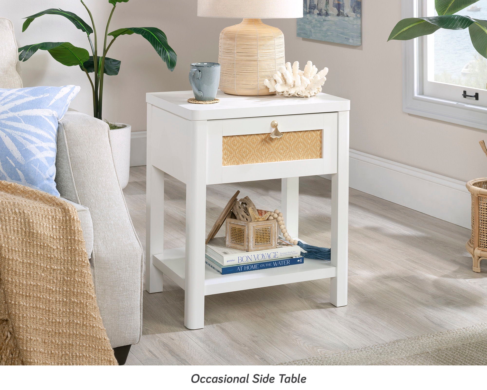 Night Stand with Open Storage in White/Rattan