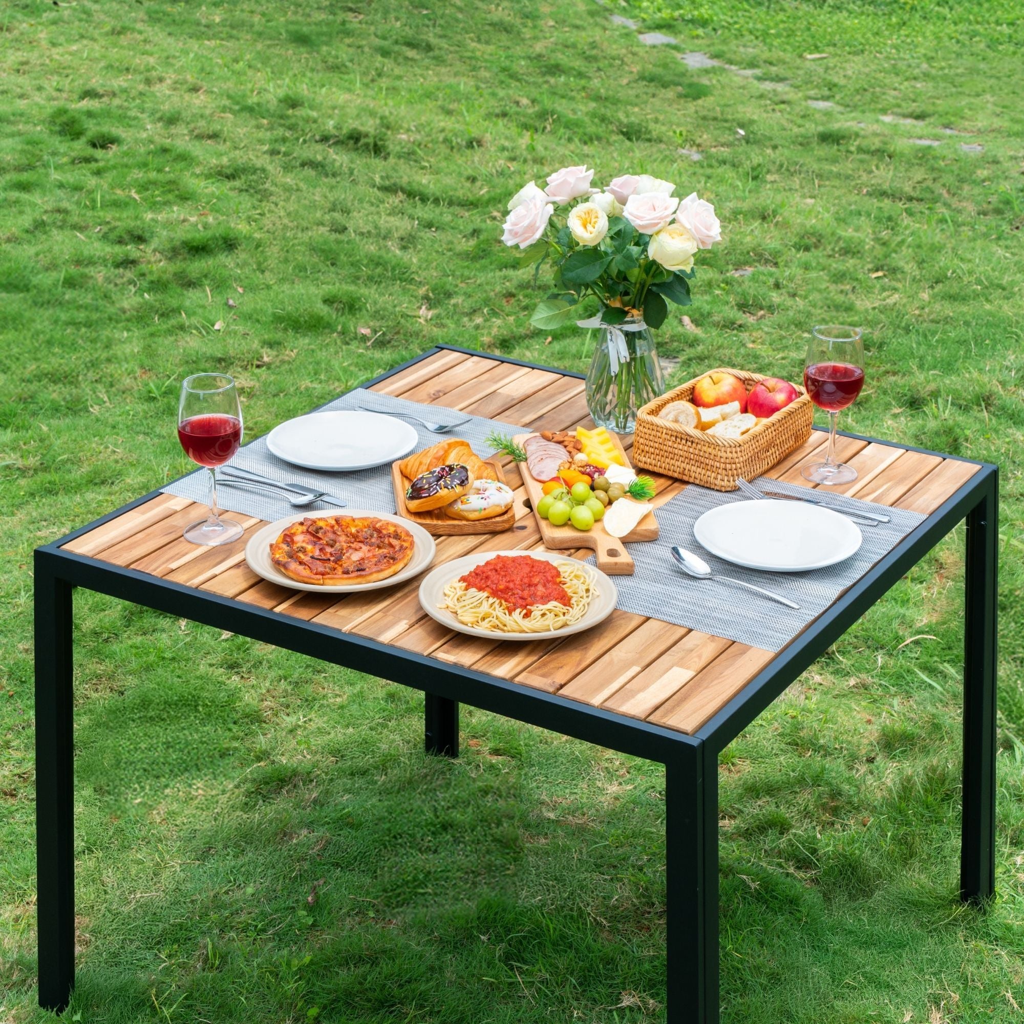 5 Piece Patio Dining Table Set, Acacia Wood Table Top With Umbrella Hole