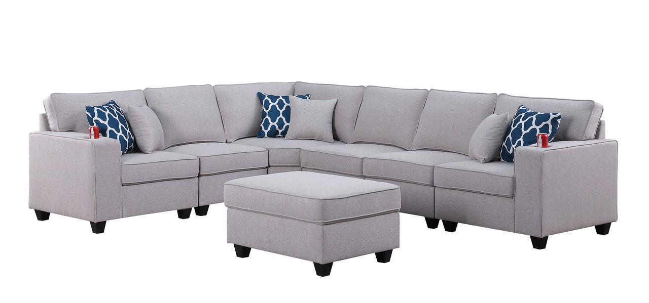 Cooper 125"W Light Gray Linen 7Pc Reversible L-Shape Sectional Sofa with Ottoman and Cupholder