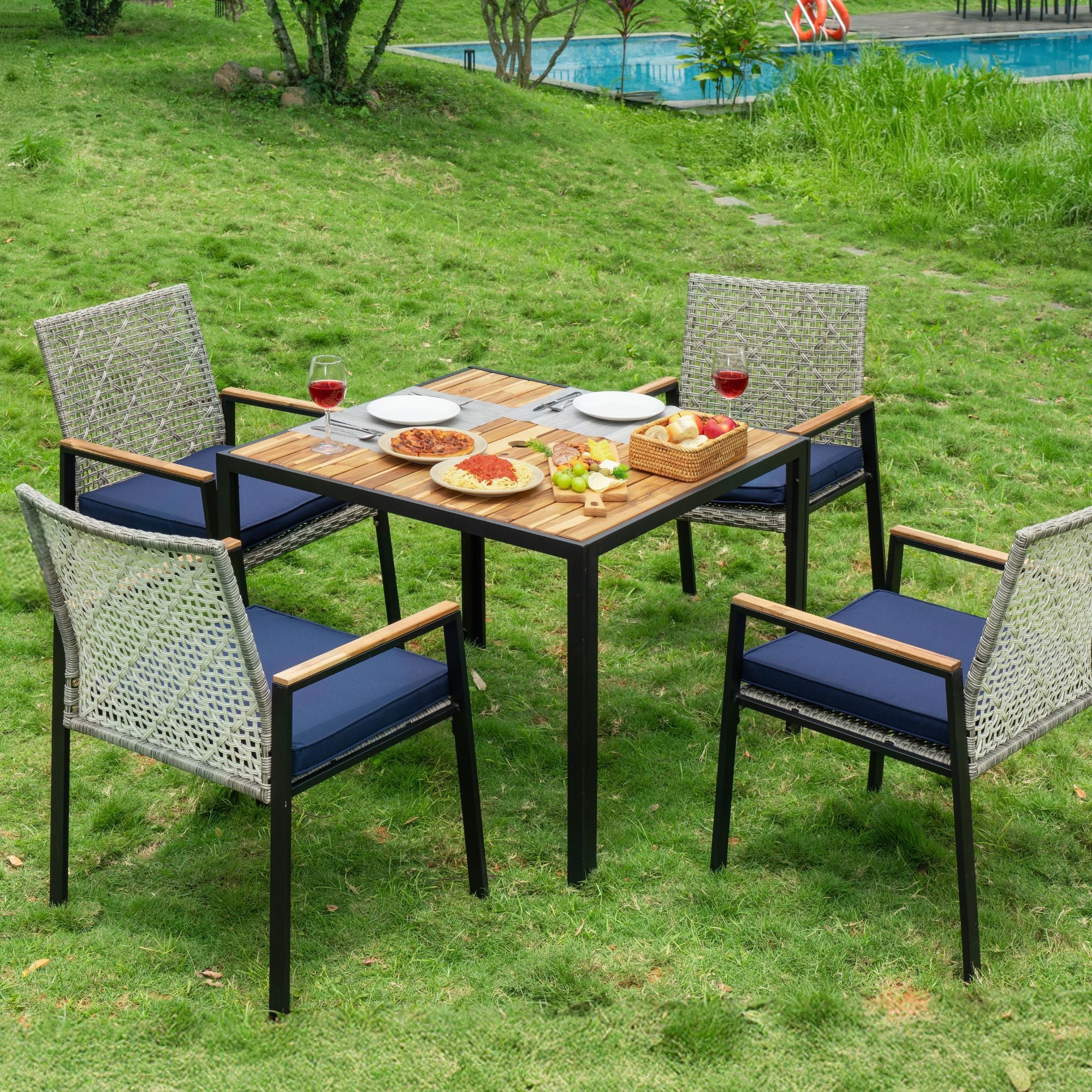 5 Piece Patio Dining Table Set, Acacia Wood Table Top With Umbrella Hole