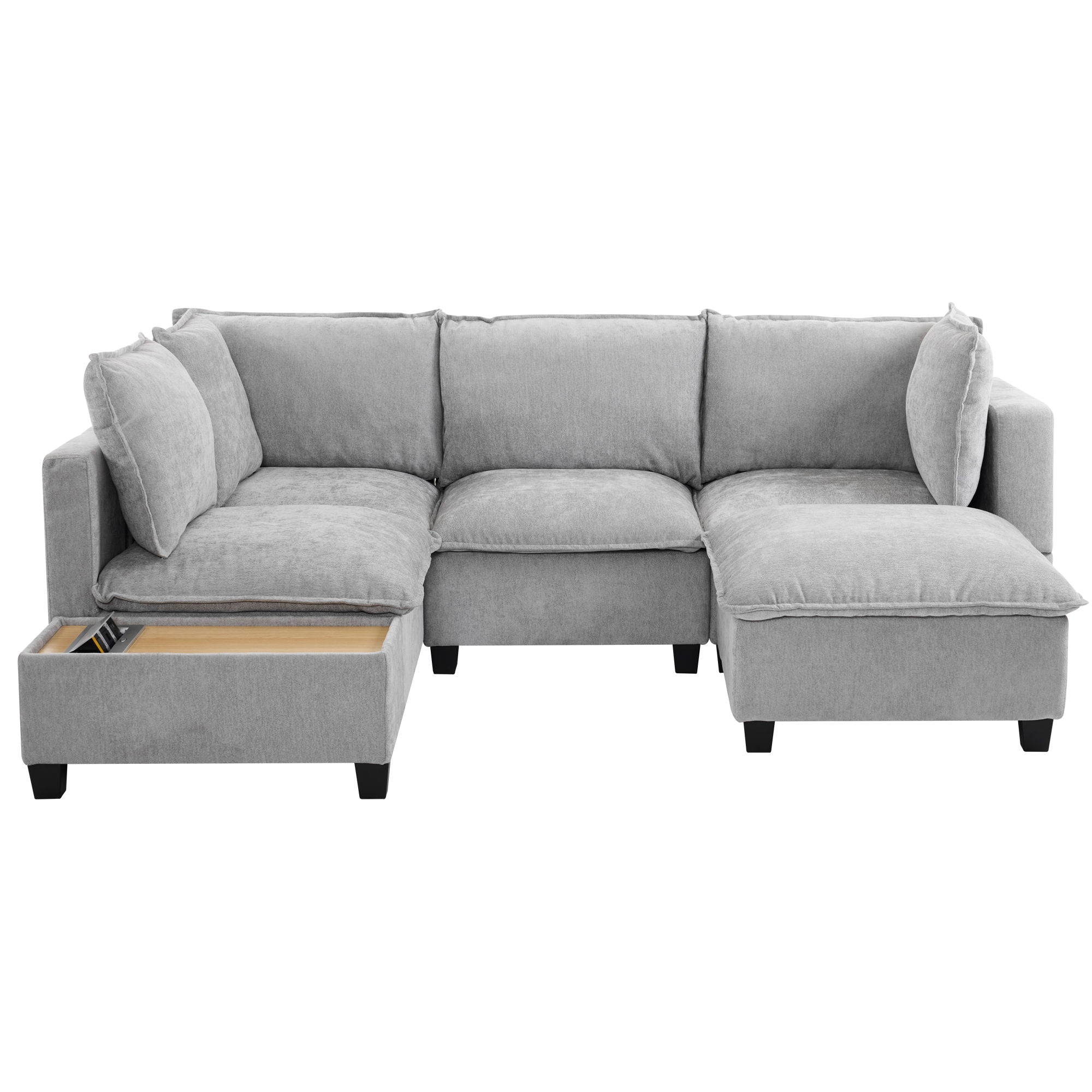 U-Shaped Sectional Modular Sofa With A Movable Ottoman, A Coffee Table With Hidden Charging Devices For Living Room