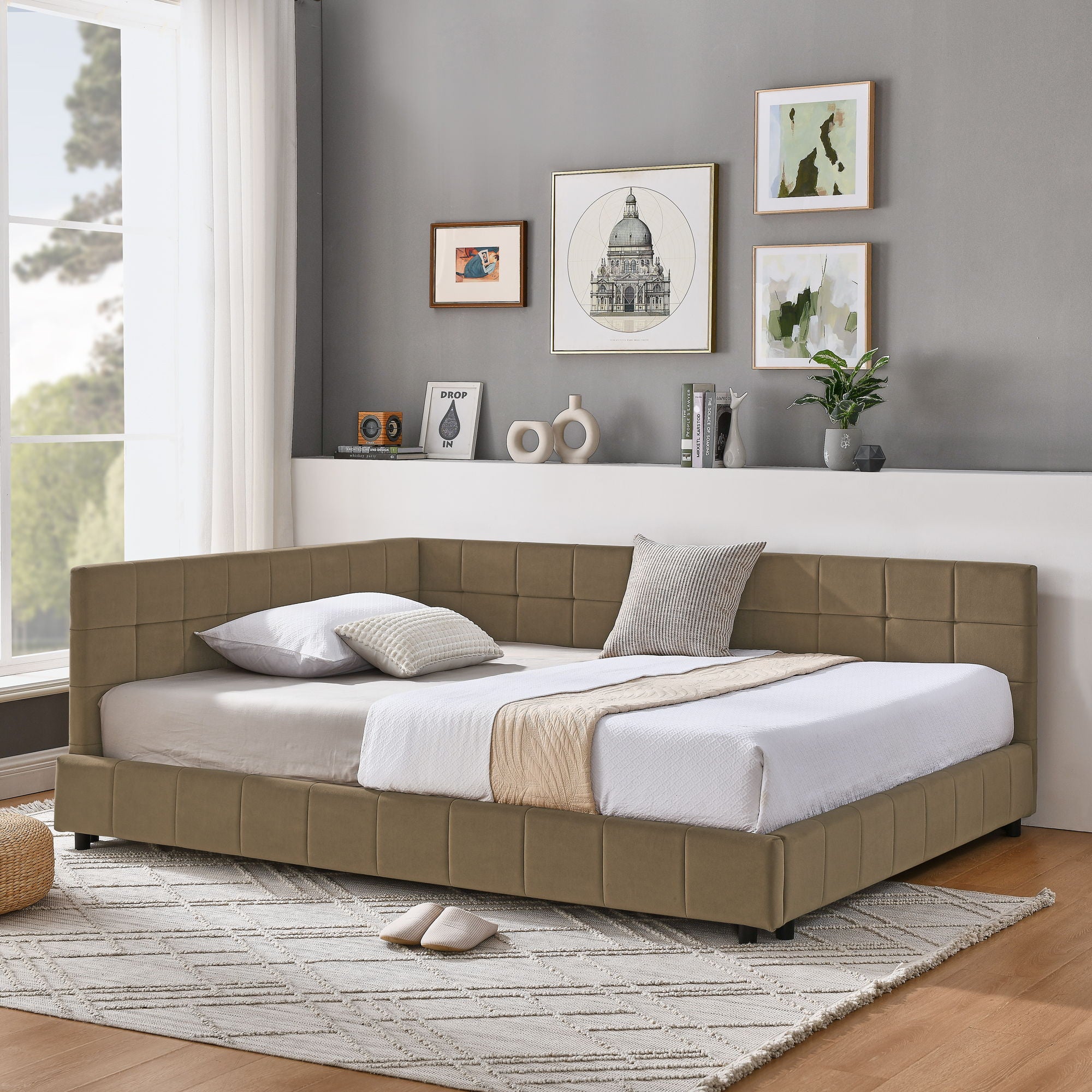 Upholstered Bed Frame With Tufted Backrest And Armrests