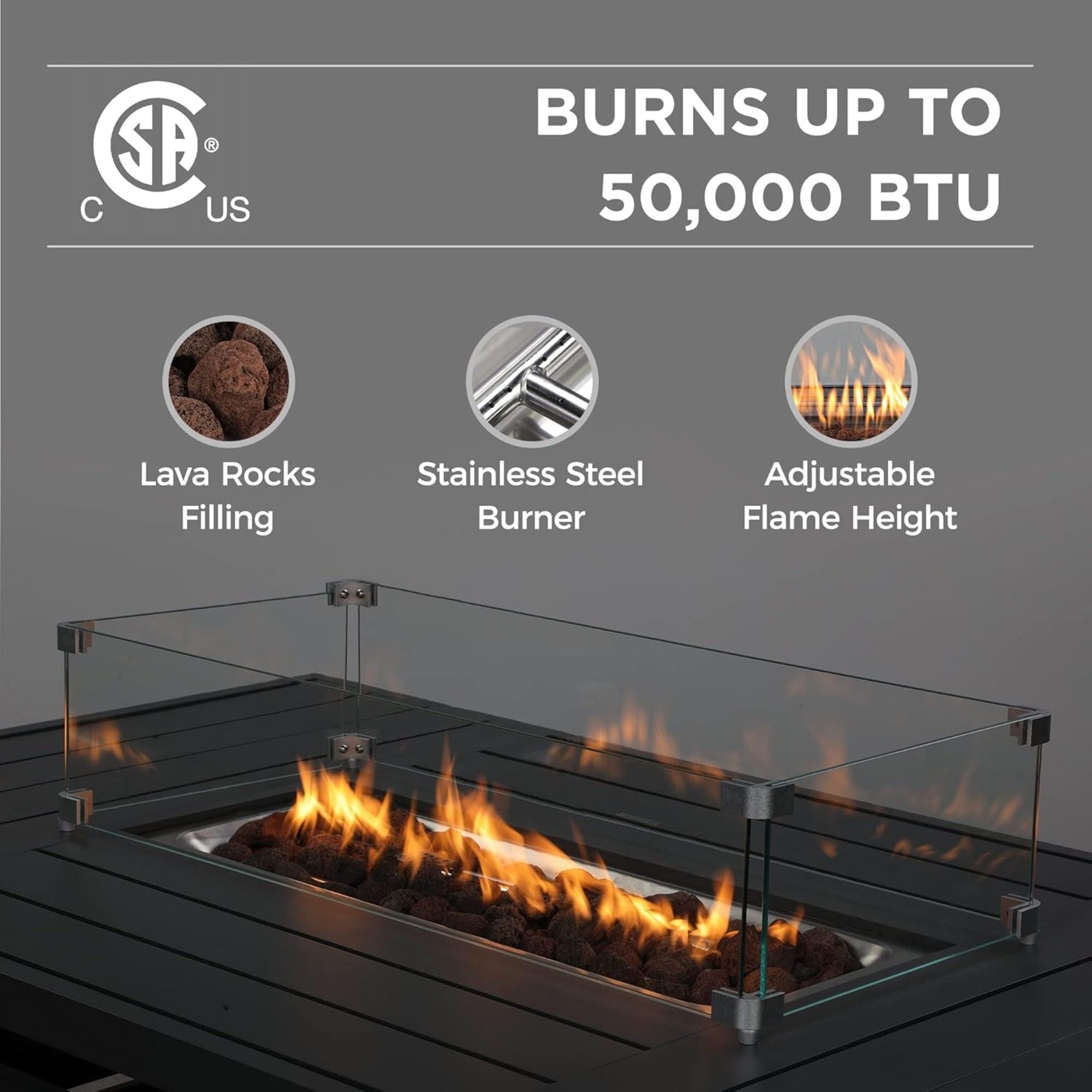 Rectangular Propane Fire Pit Table With Burner, Lava Rock, Waterproof Cover