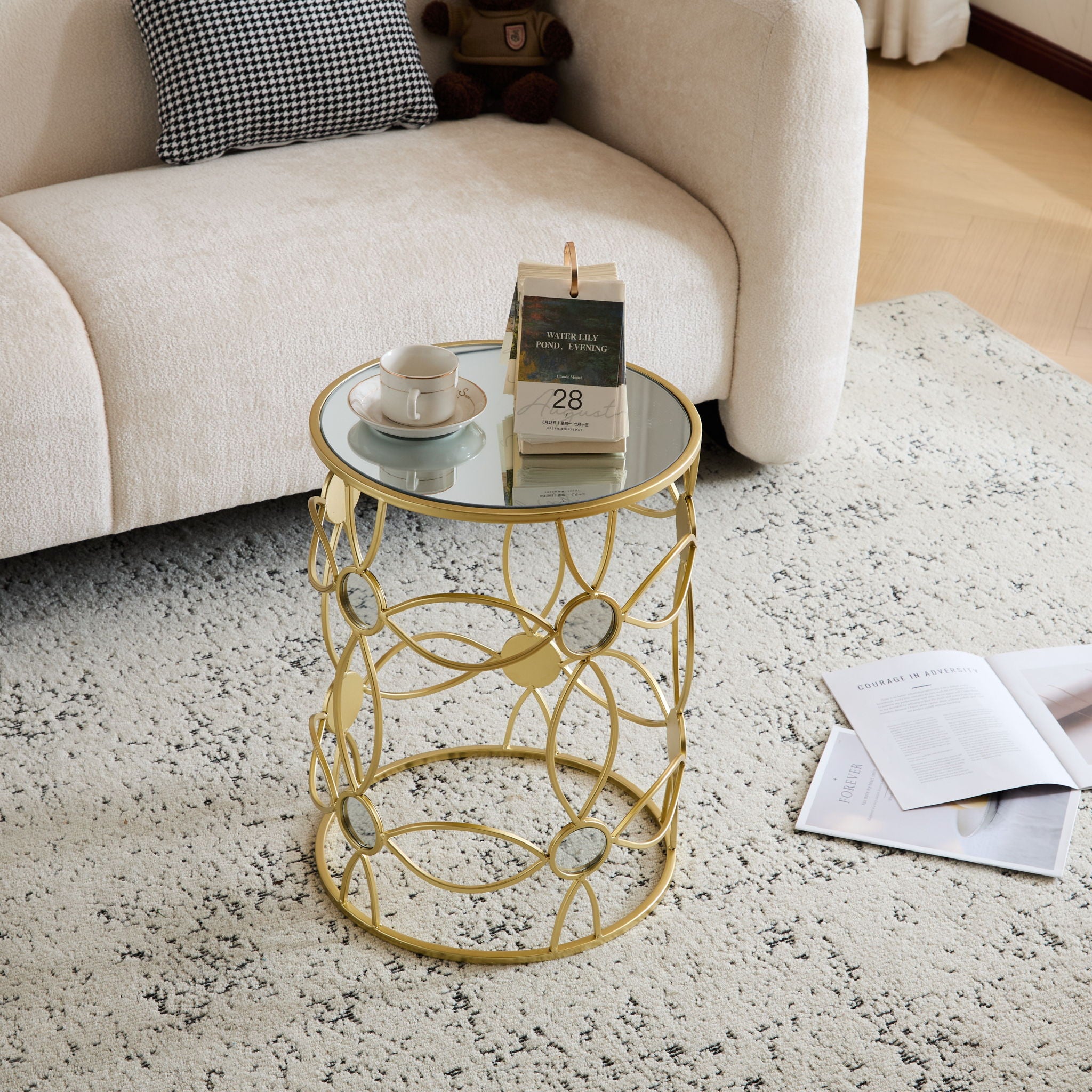 Modern Side Table With Mirror Top And Metal Frame - Gold / Clear