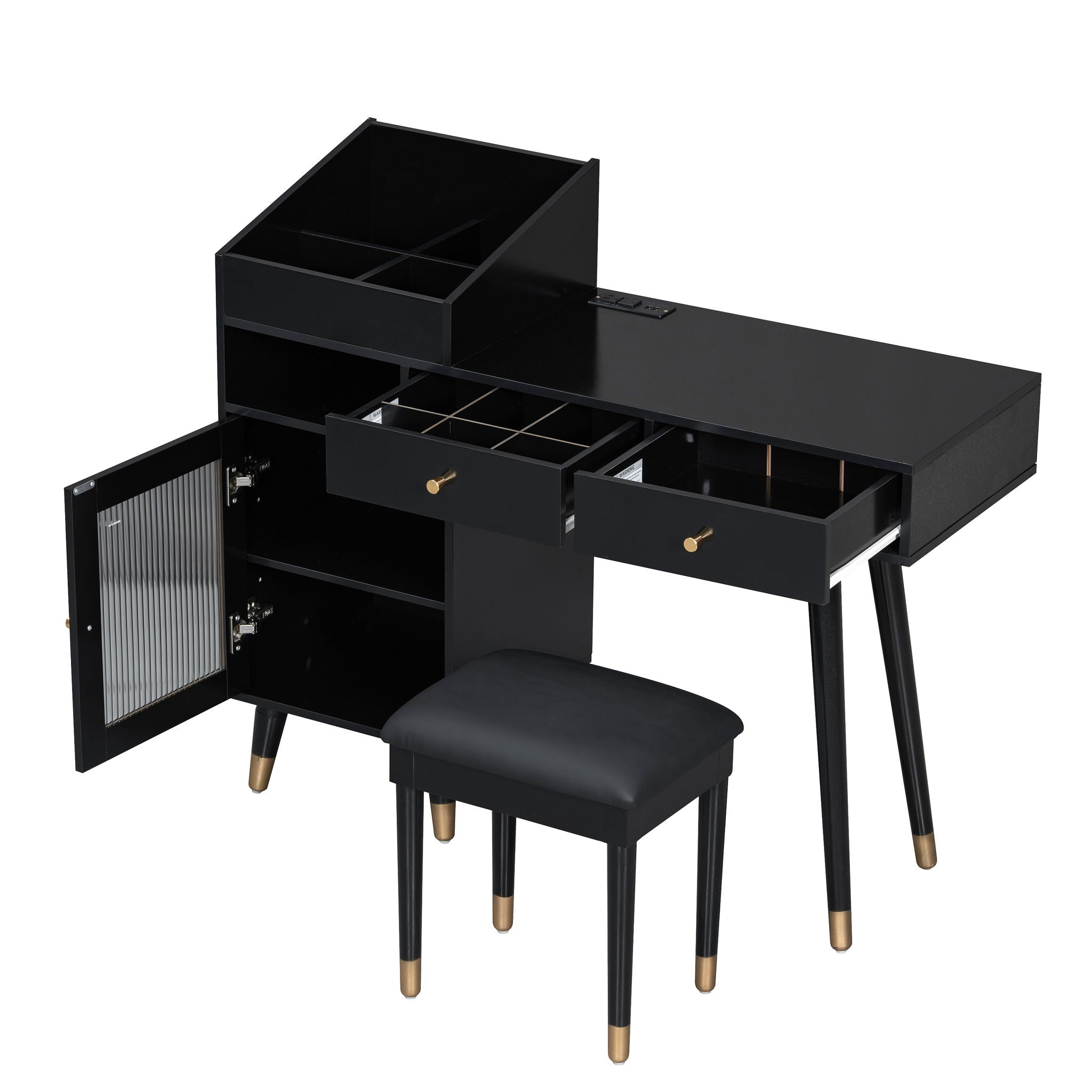 Modern Makeup Vanity Desk With Drawers Cabinet & Charging Port Engineered Wood Space Saving Design For Small Places - Black