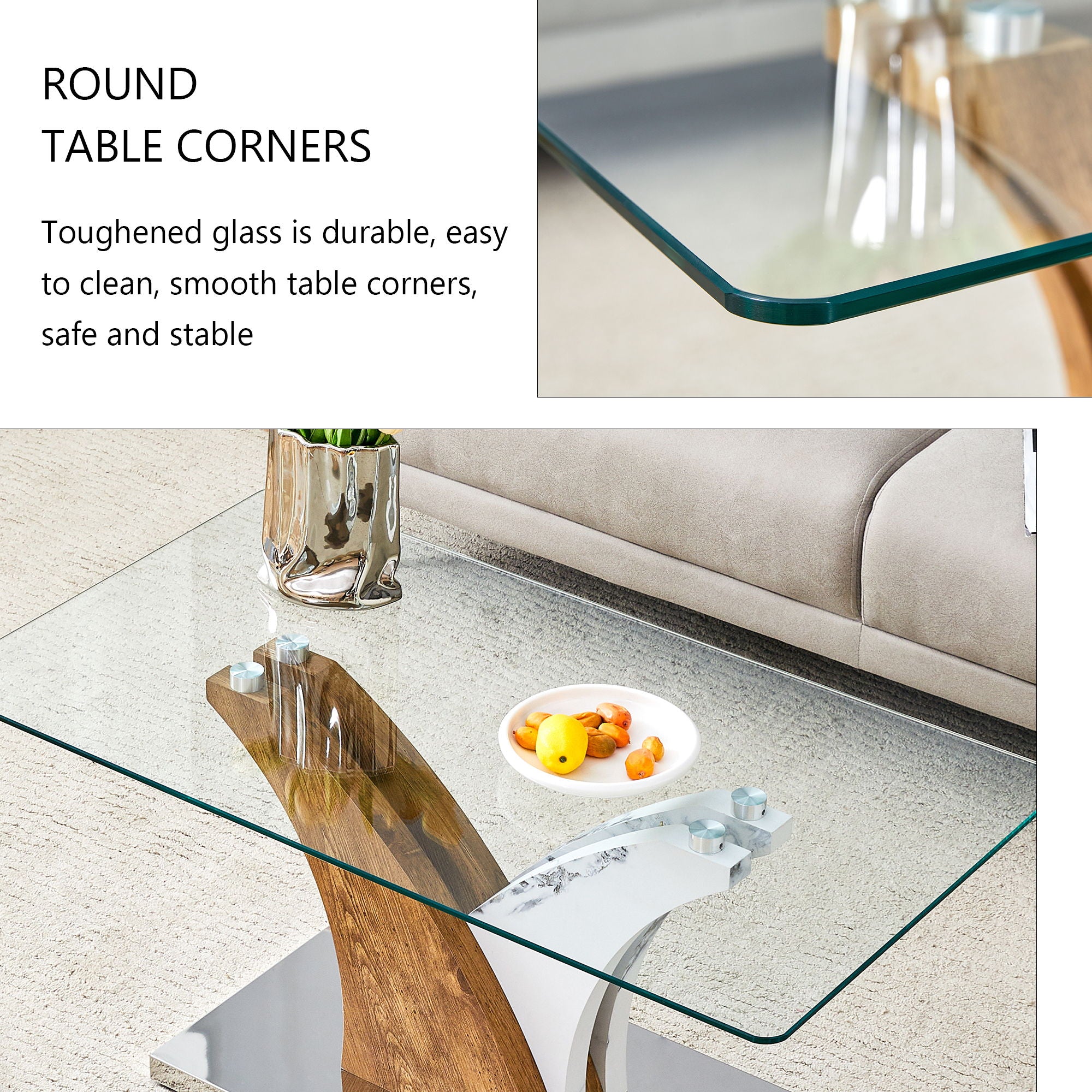 Artistic Rectangular Coffee Table With Tempered Glass Countertop