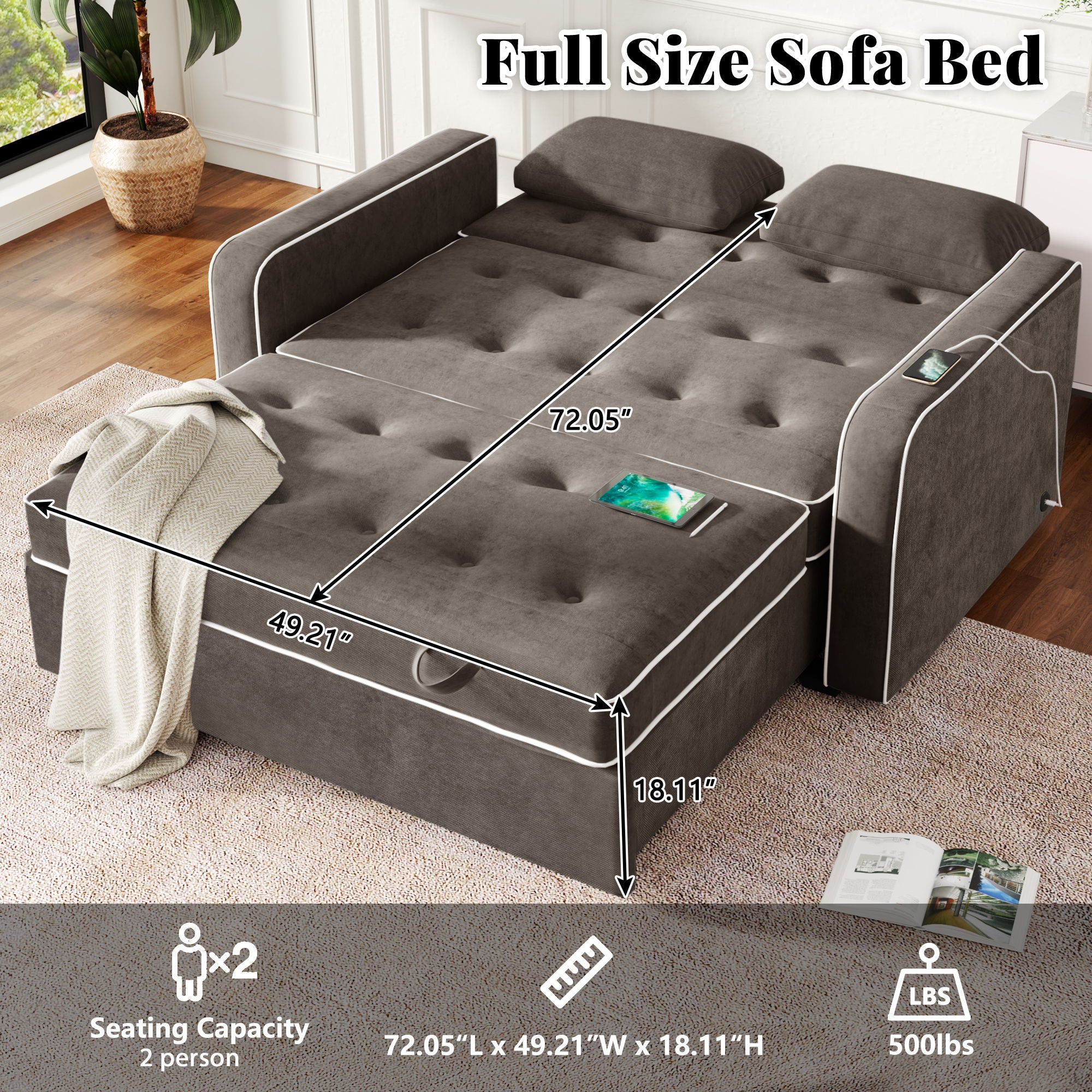 Upholstered Sleeper Bed Sofa With Dual USB Charging, Adjustable Backrest