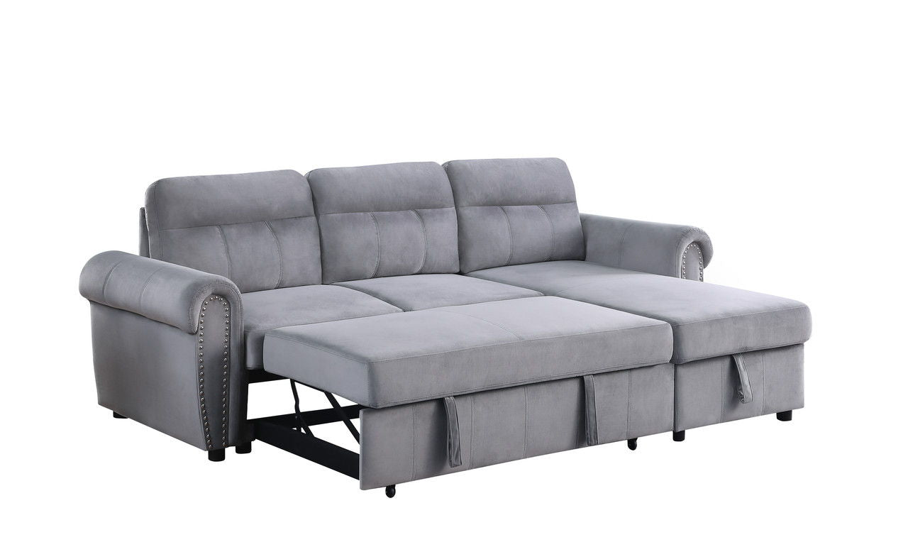 Ashton 96.5"W Gray Velvet Fabric Reversible Sleeper Sectional Sofa Chaise