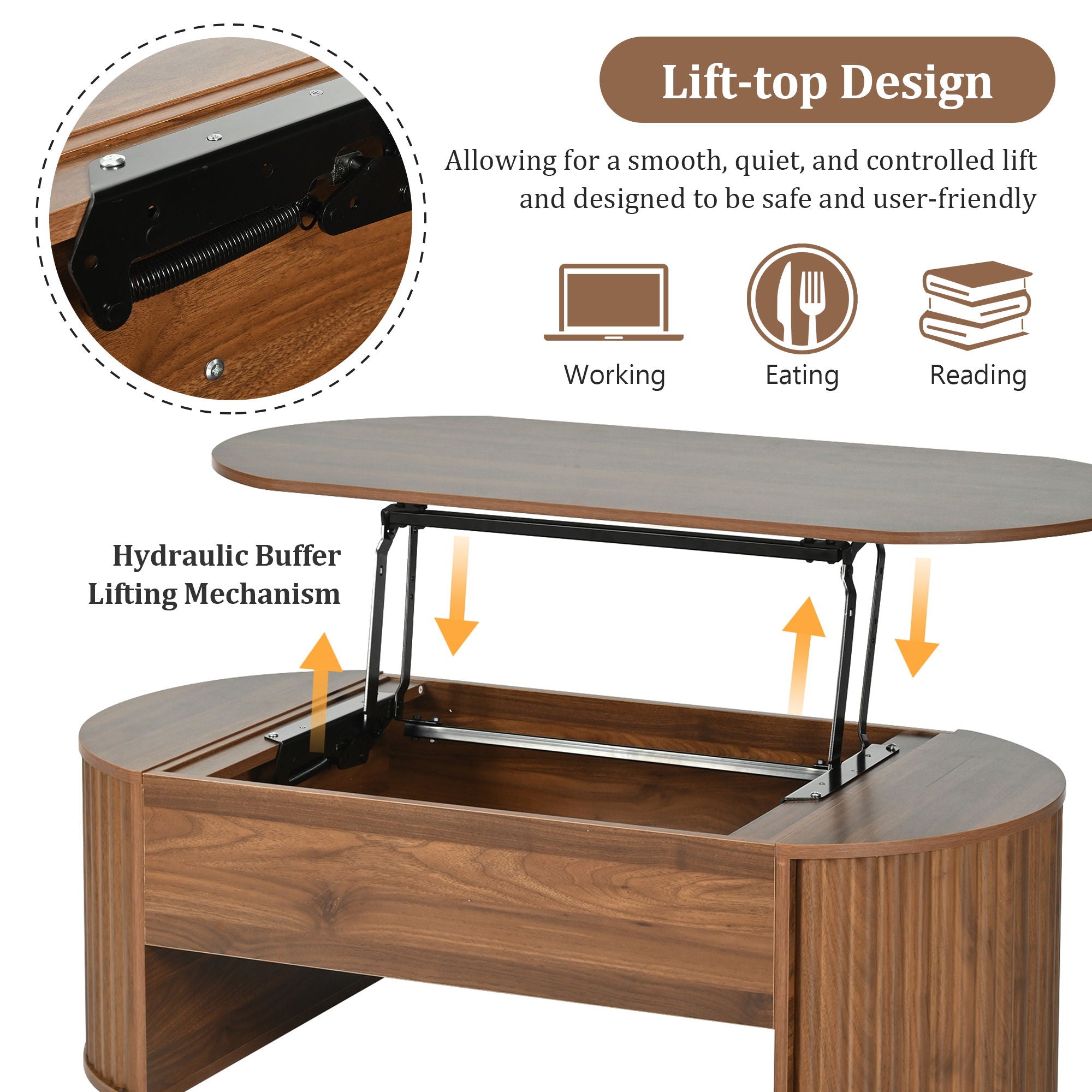 Lift Top Coffee Table With Hidden Compartment, Modern Oval Lift Tabletop For Home Living Room