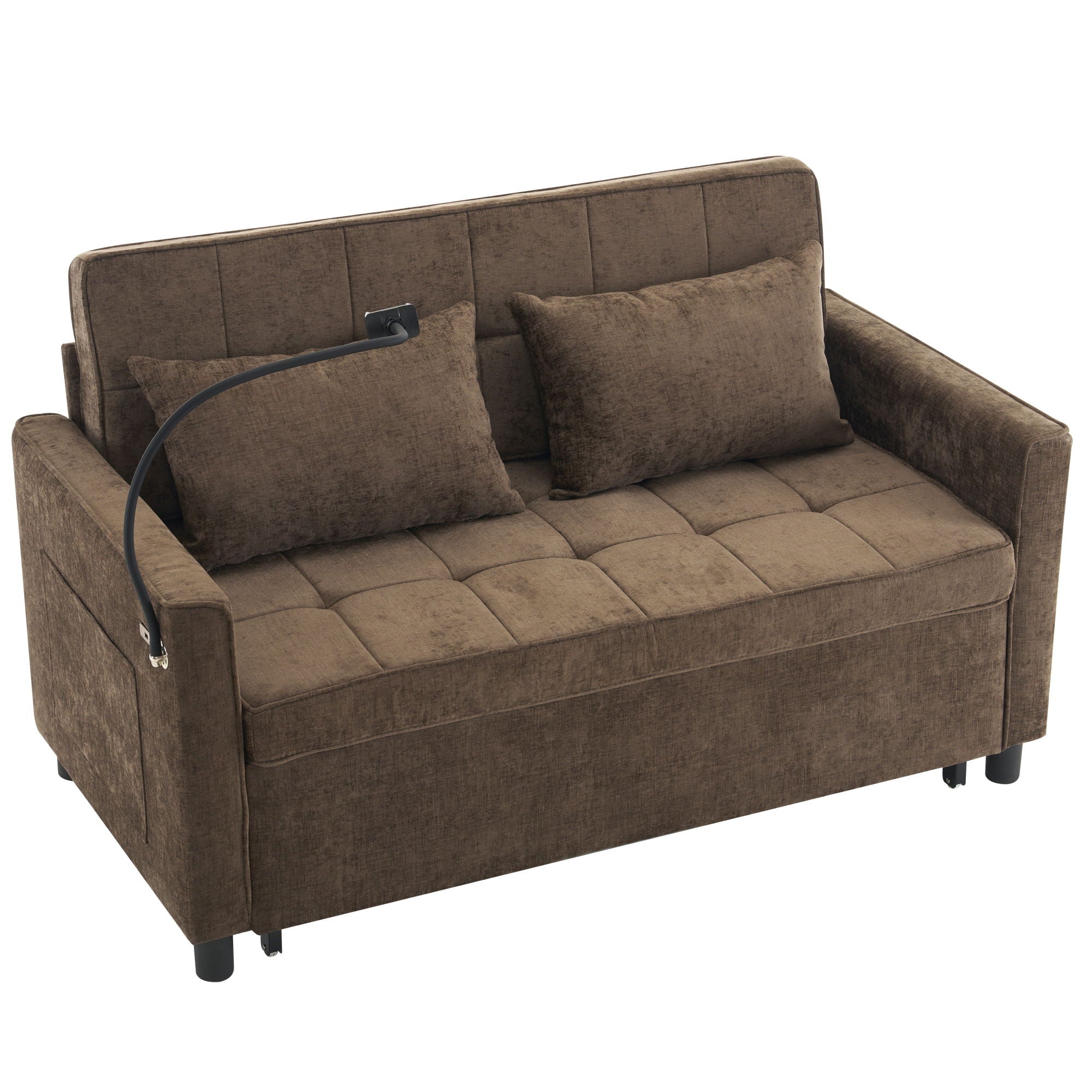 Pull-Out Sleeper Sofa With Reversible Backrest Cushion, Side Pockets, 2 USB Ports And A Phone Holder For Living Room