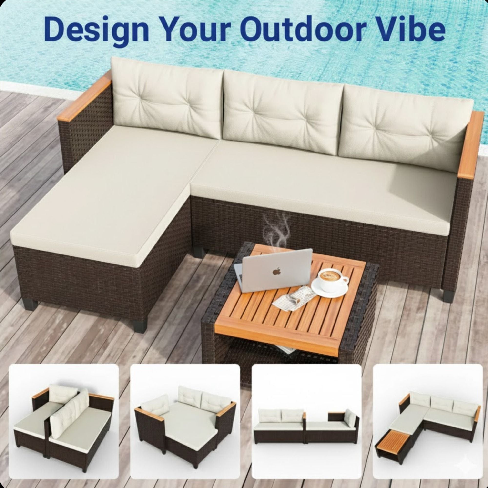L-Shaped Patio Set With Cushions And Storage Table