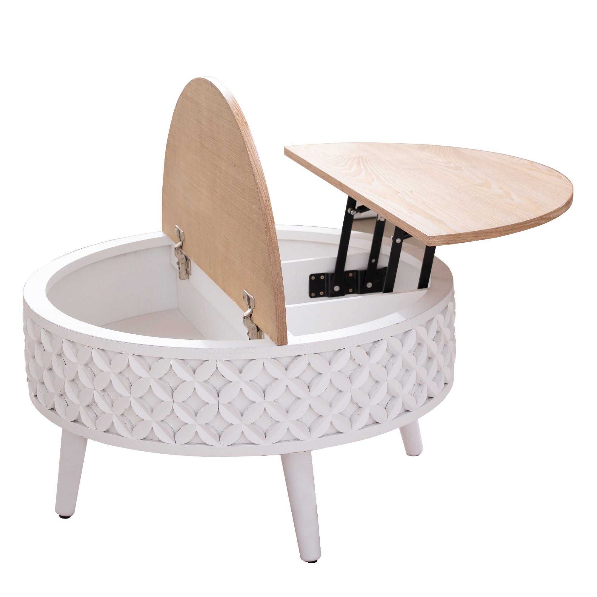 Round Coffee Table With Storage - White / Light Oak