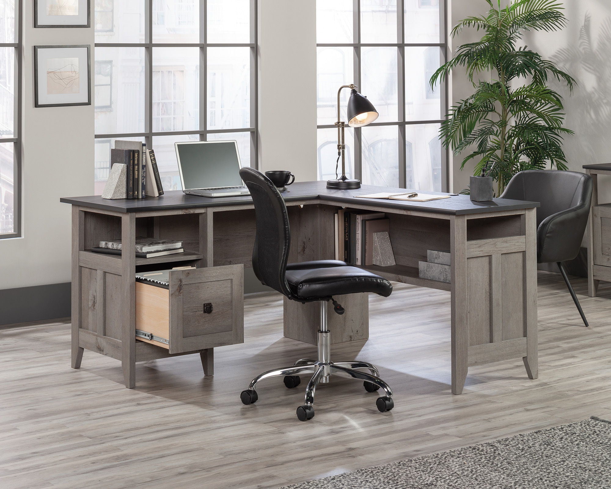 L-Shaped Home Office Desk in Mystic Oak