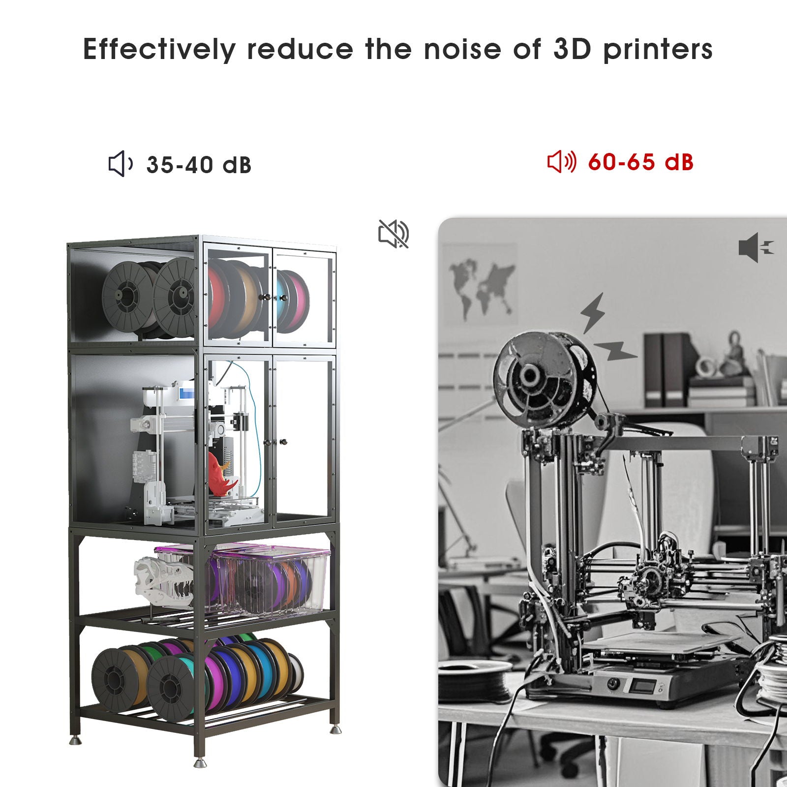 3D Printer Cabinet With Double Layer Filament Storage, Noise Reducing Design - Black