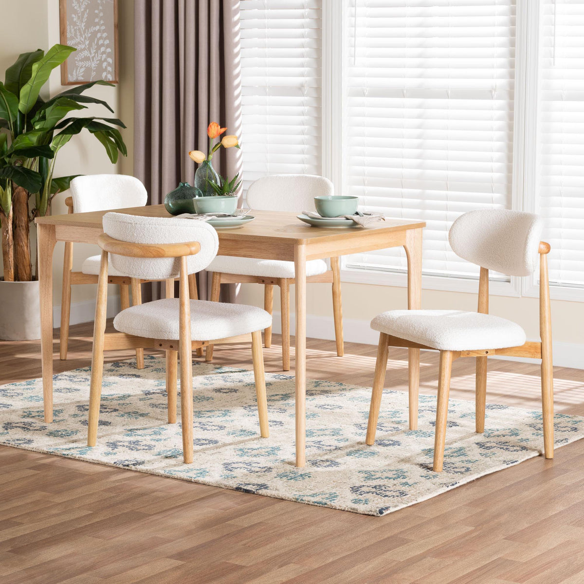 Wattsu 5-Piece Dining Set - Solid Wood Rectangular Table with Boucle Upholstered Chairs, Mid-Century Modern Dining Furniture for Kitchen or Dining Room, Natural and White