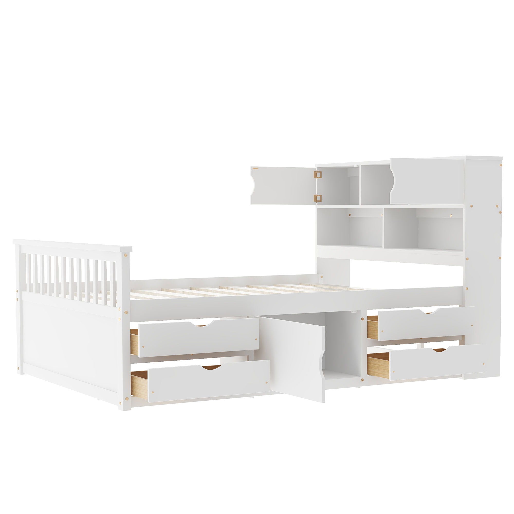 Captain Platform Bed Frame With Bookcase Headboard, 4 Drawers, Storage Shelves