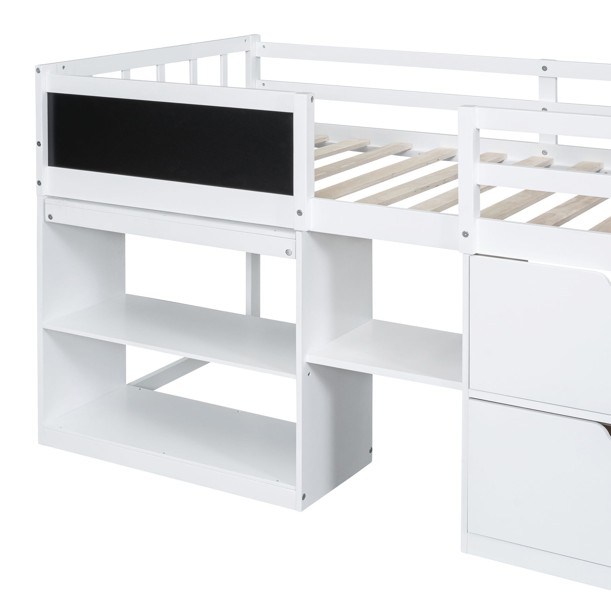 Low Loft Bed With Rolling Desk, Shelf And Drawers