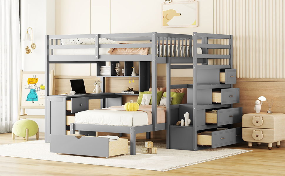 Bunk Bed With Desk, Drawers And Shelves