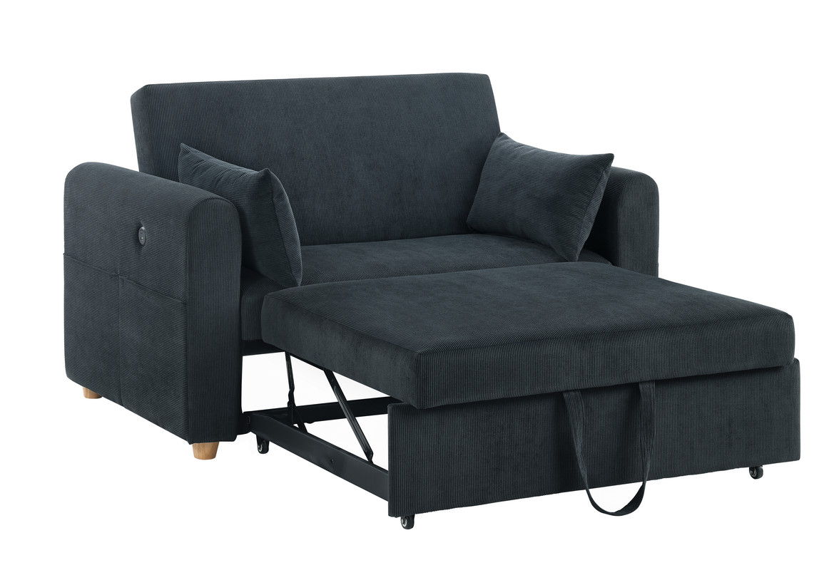 Marielle 55"W Black Corduroy Convertible Sleeper Loveseat with USB Ports, Magazine Pockets, and Pillows