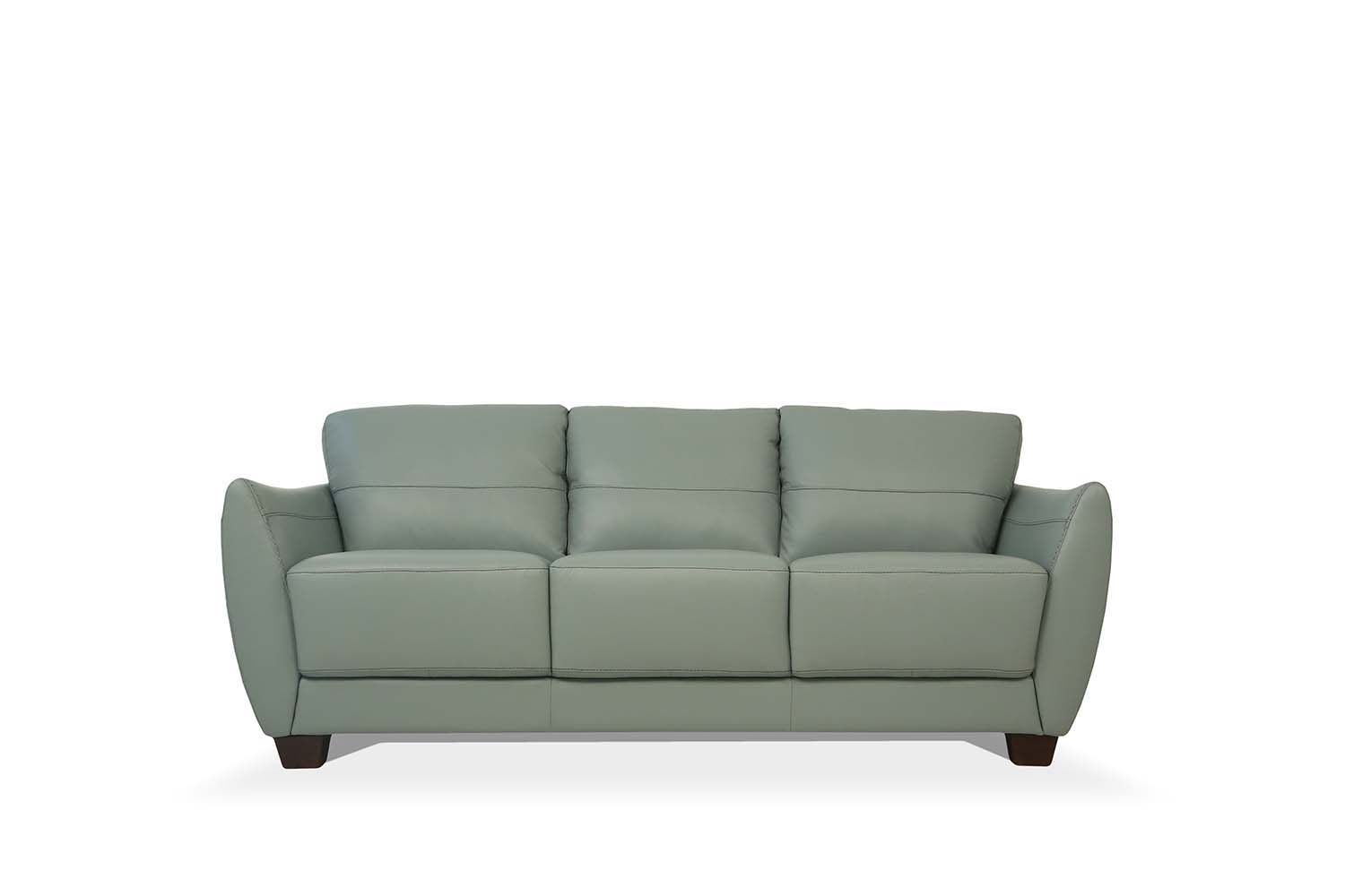 ACME The Valeria sofa set is one you’ll want to spend lots of time in. This beautiful leather sofa features same tone stitching and unique wood block legs. | Meri Furniture