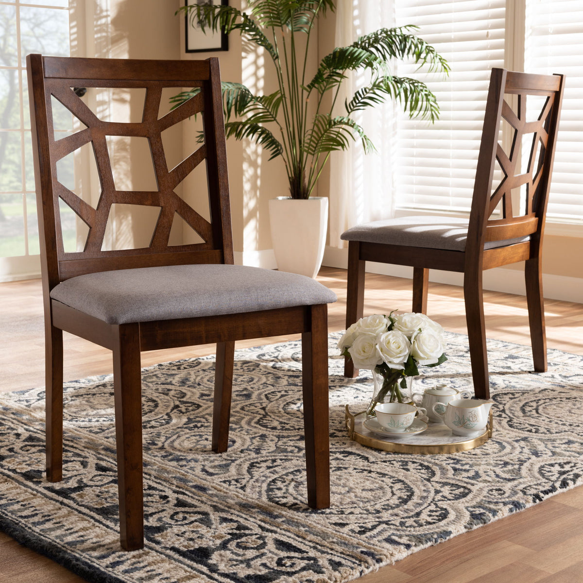 Abilene Mid-Century Grey Fabric Upholstered and Walnut Brown Finished Dining Chair Set of 2