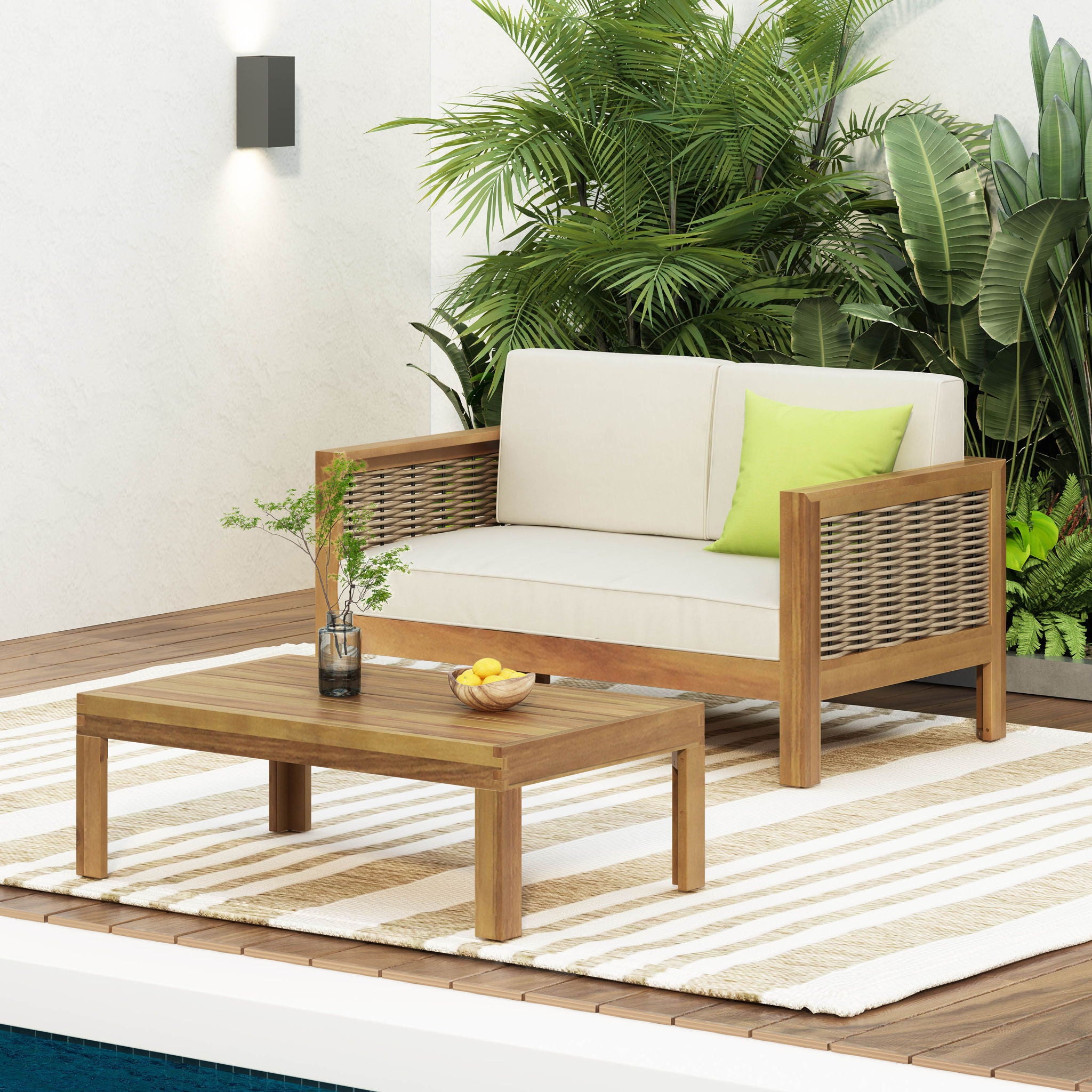 Outdoor Patio Set With Coffee Table And Loveseat - Teak / Beige