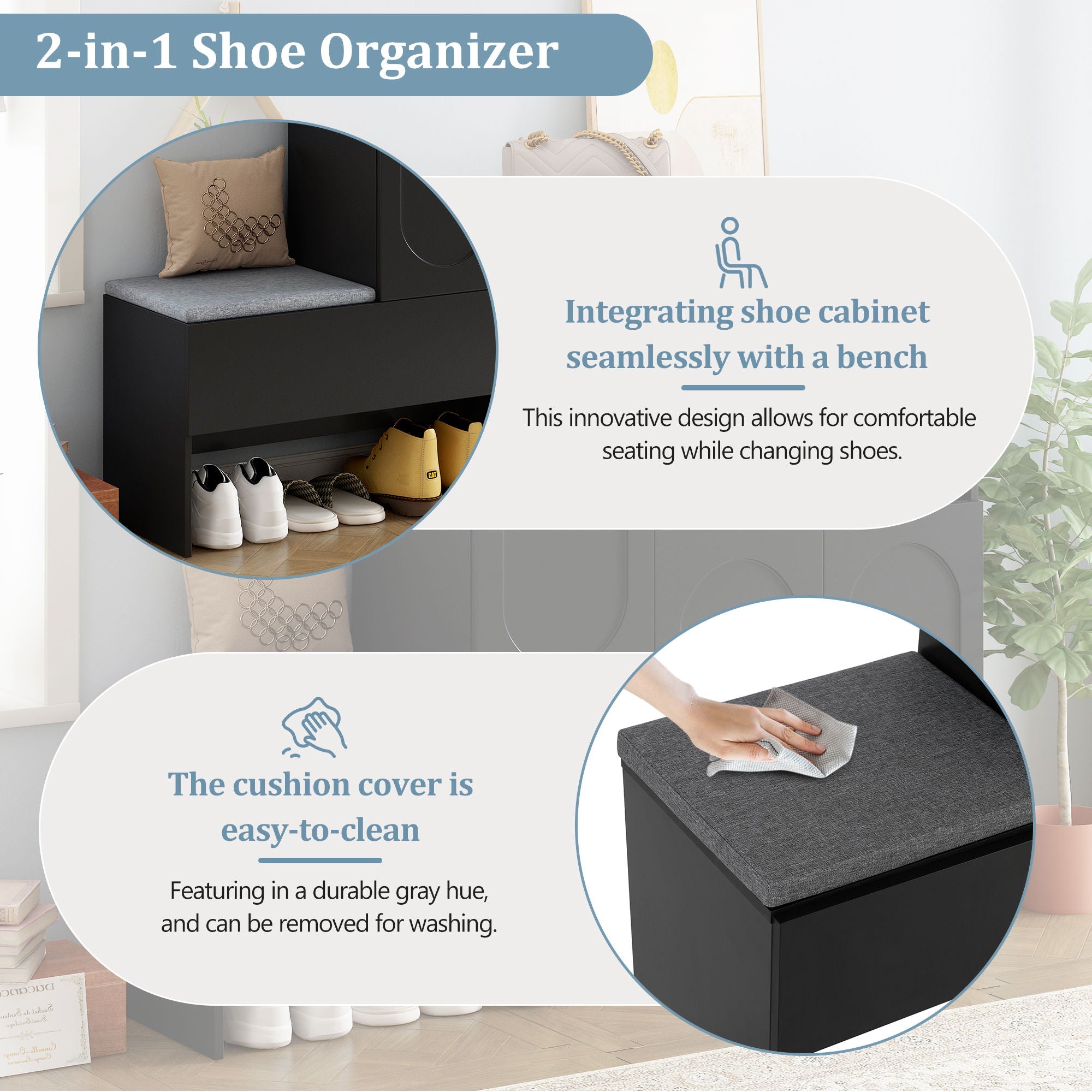Elegant 2 In 1 Shoe Cabinets With Soft Cushion Versatile Shoe Rack Organizer With Adjustable Shelves