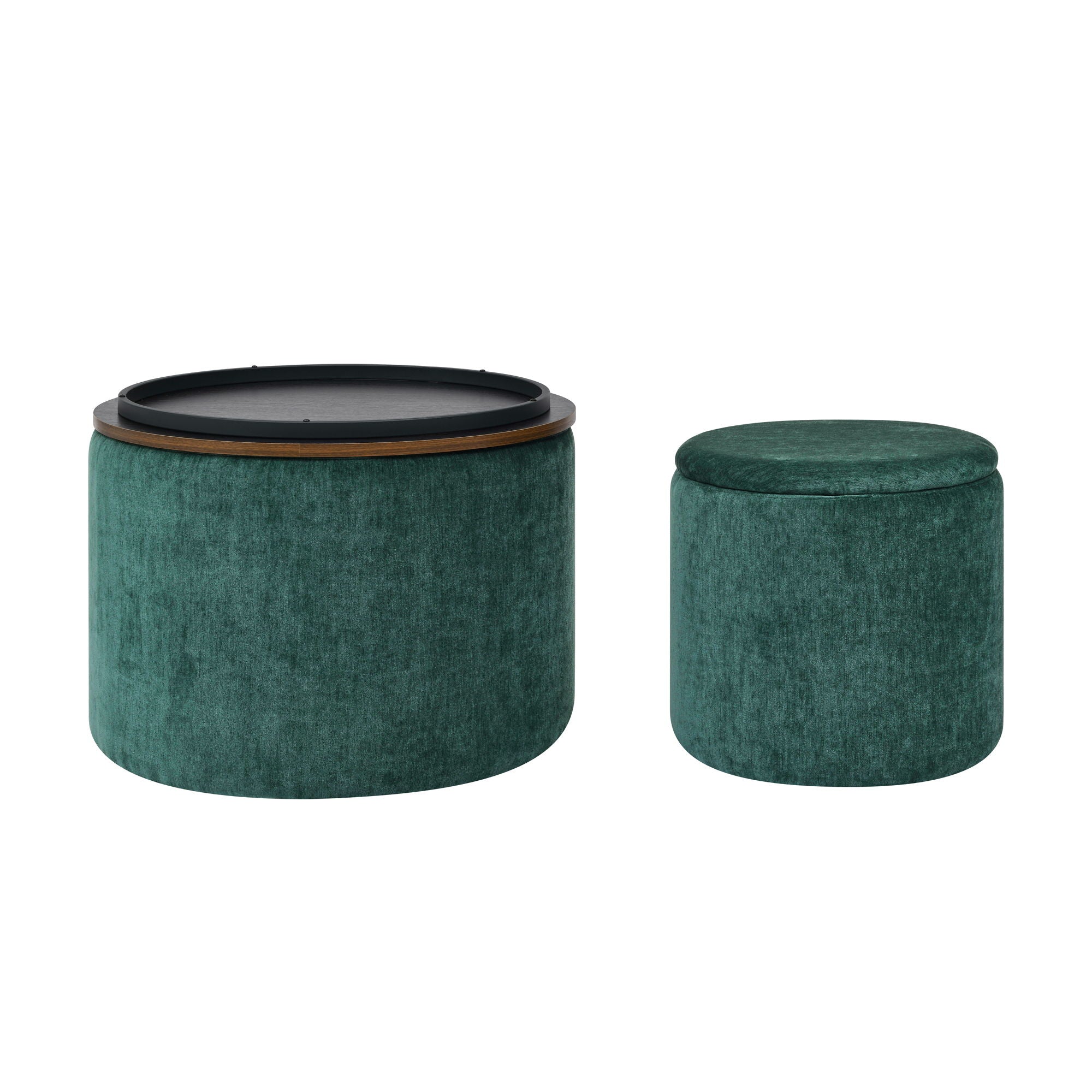 Classic 2 Piece Round Storage Ottoman Set With Drum Shaped Stool