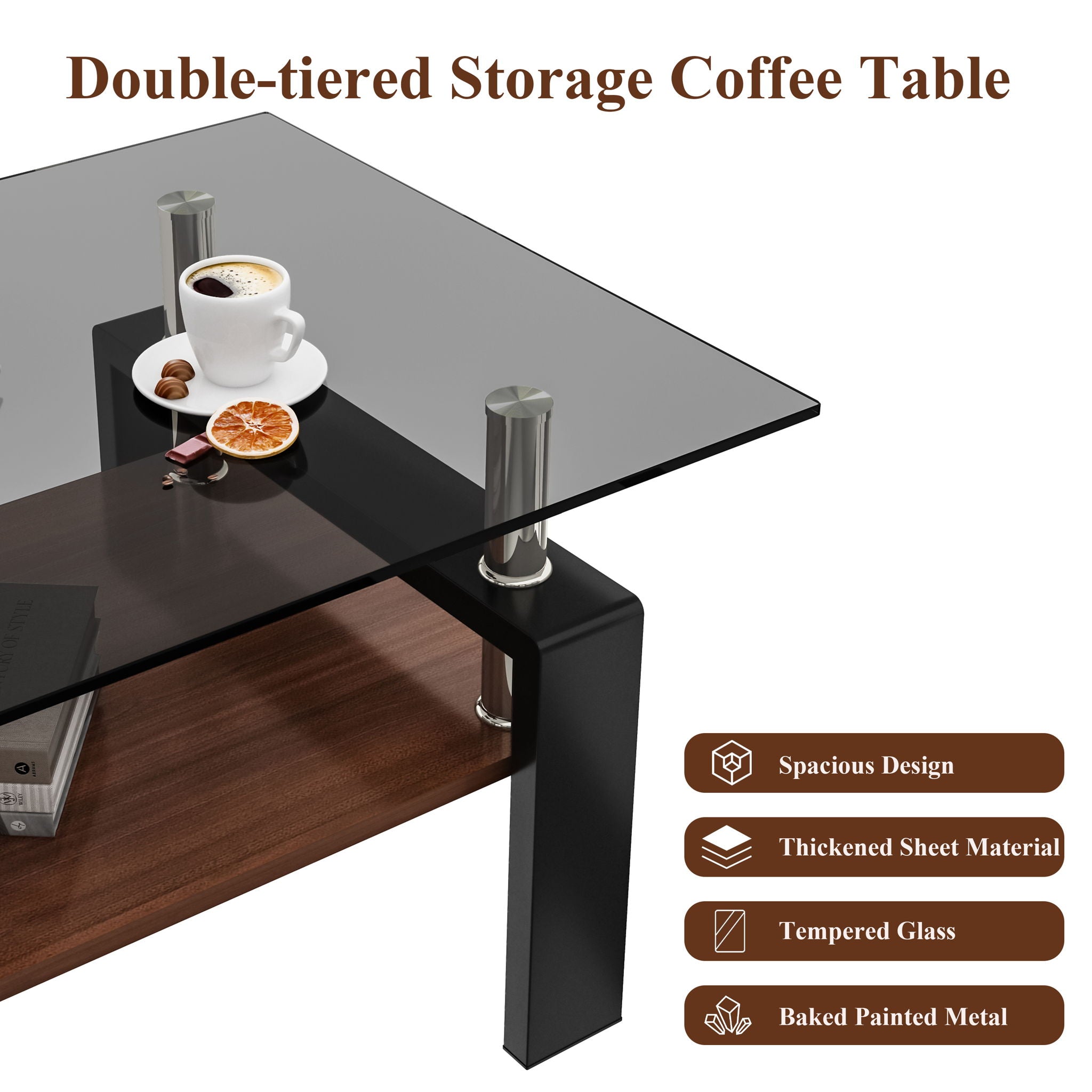 Modern Rectangular Coffee Table With Tempered Transparent Glass Top And Storage Shelf