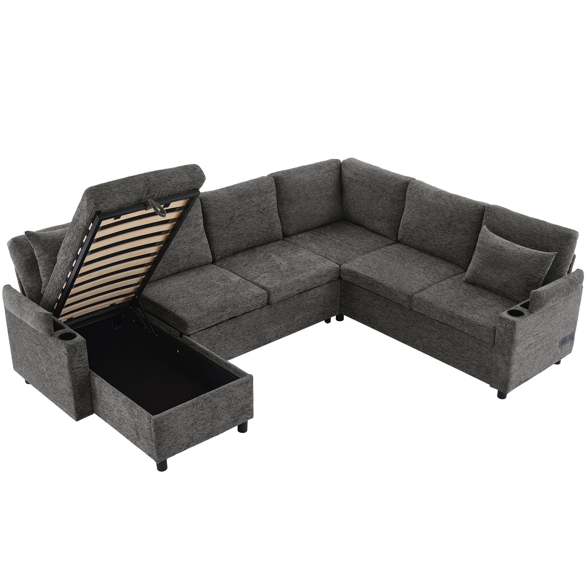 U-Shaped Sectional Sleeper Sofa With Ample Storage Space, 2 Cup Holders And Charging Ports For Living Room