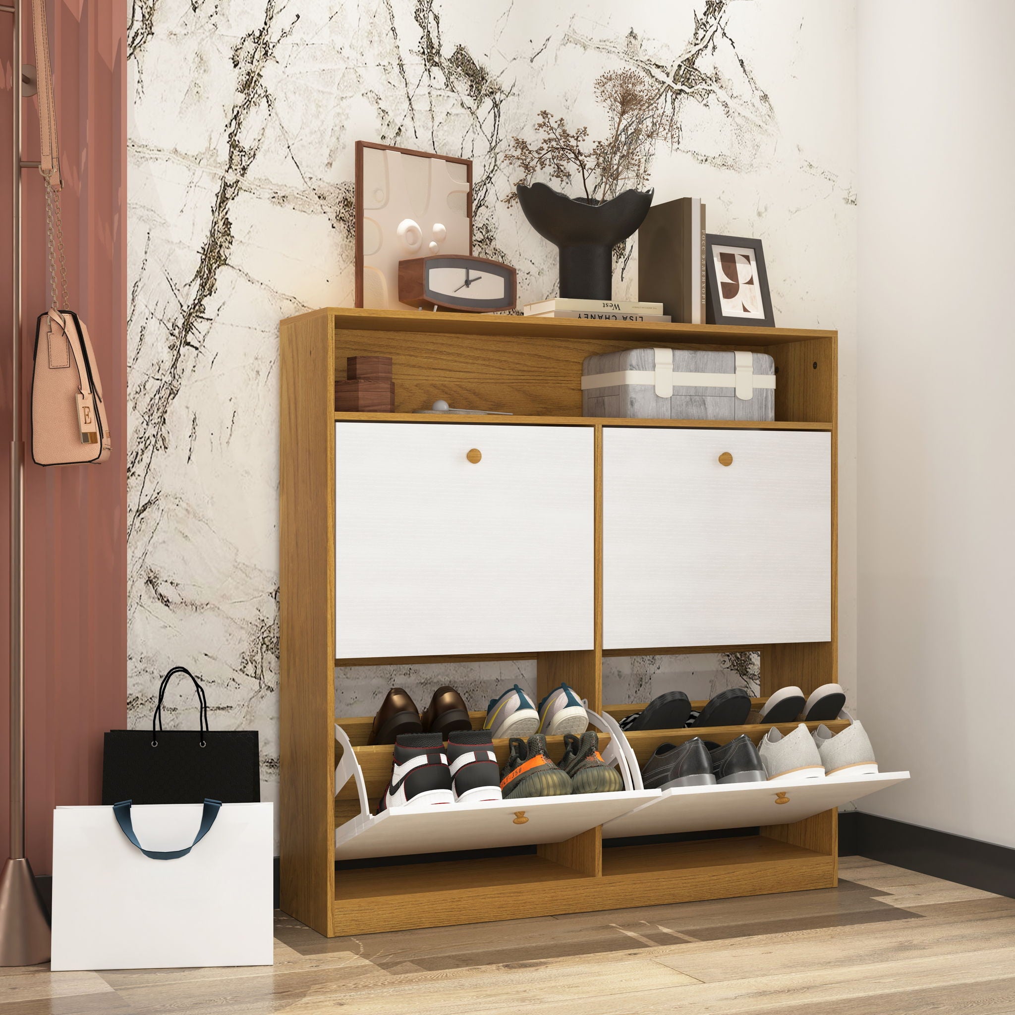 Modern Freestanding Shoe Storage Cabinet With 4 Flip Drawers