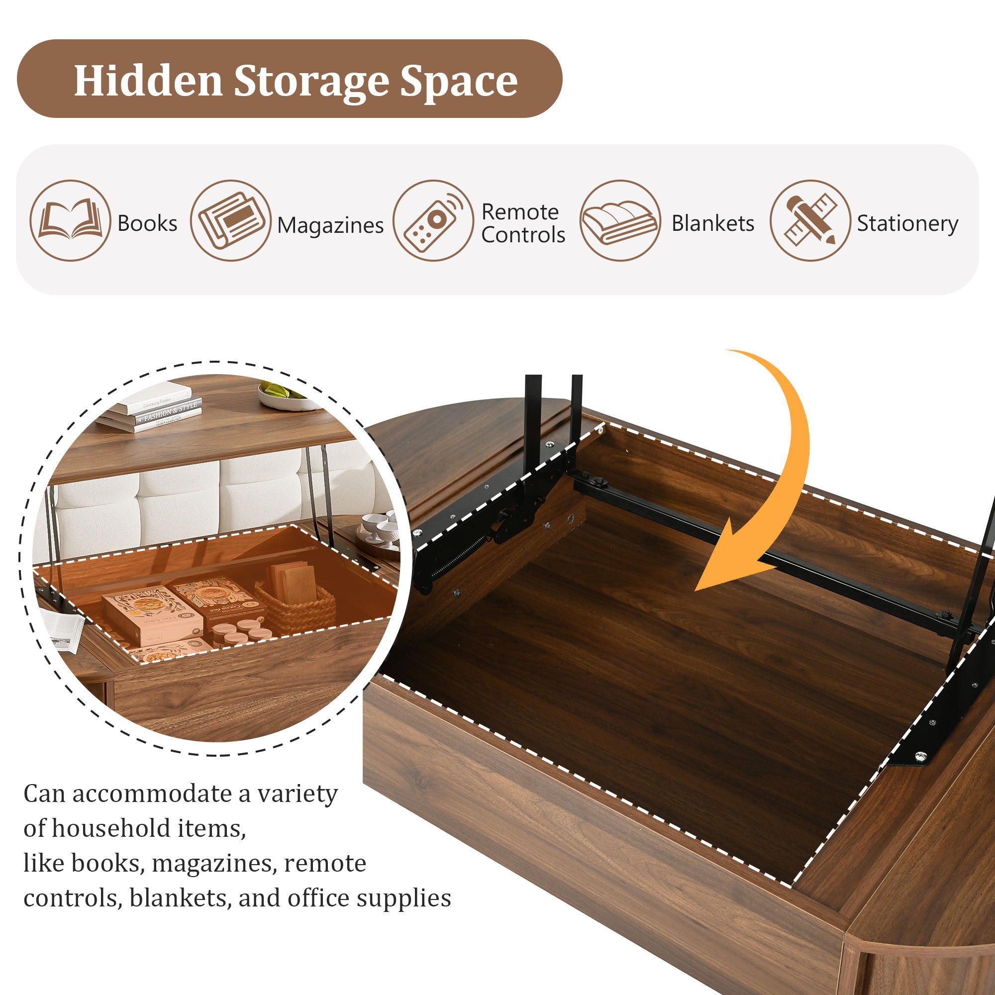 Lift Top Coffee Table With Hidden Compartment, Modern Oval Lift Tabletop For Home Living Room