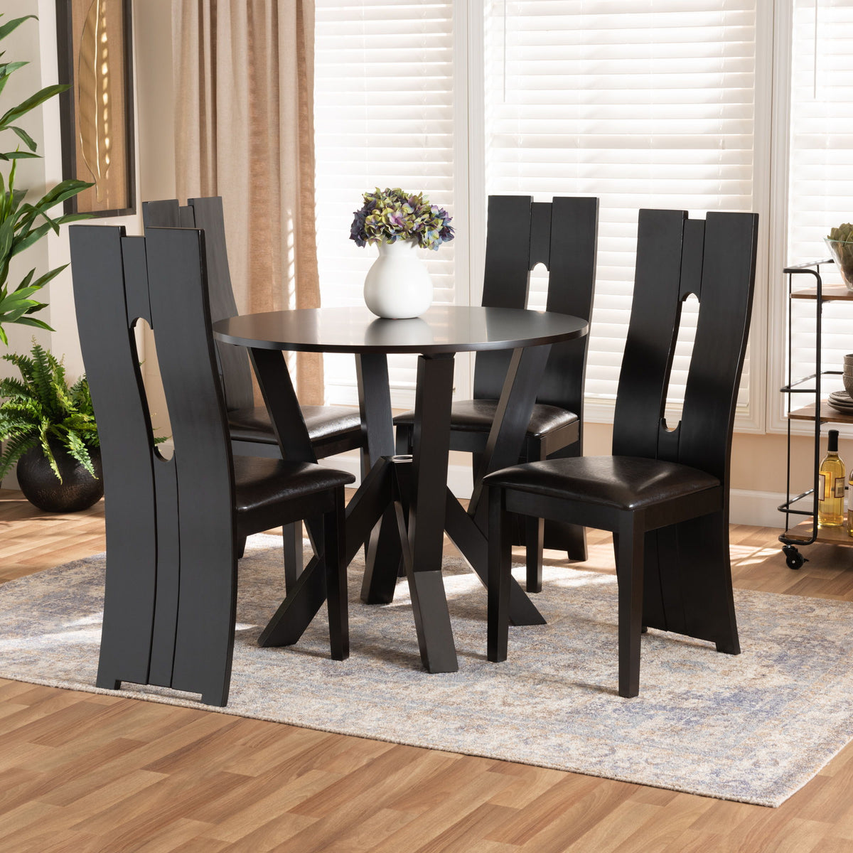Senan Modern and Contemporary Dark Brown Faux Leather Upholstered and Dark Brown Finished Wood 5-Piece Dining Set